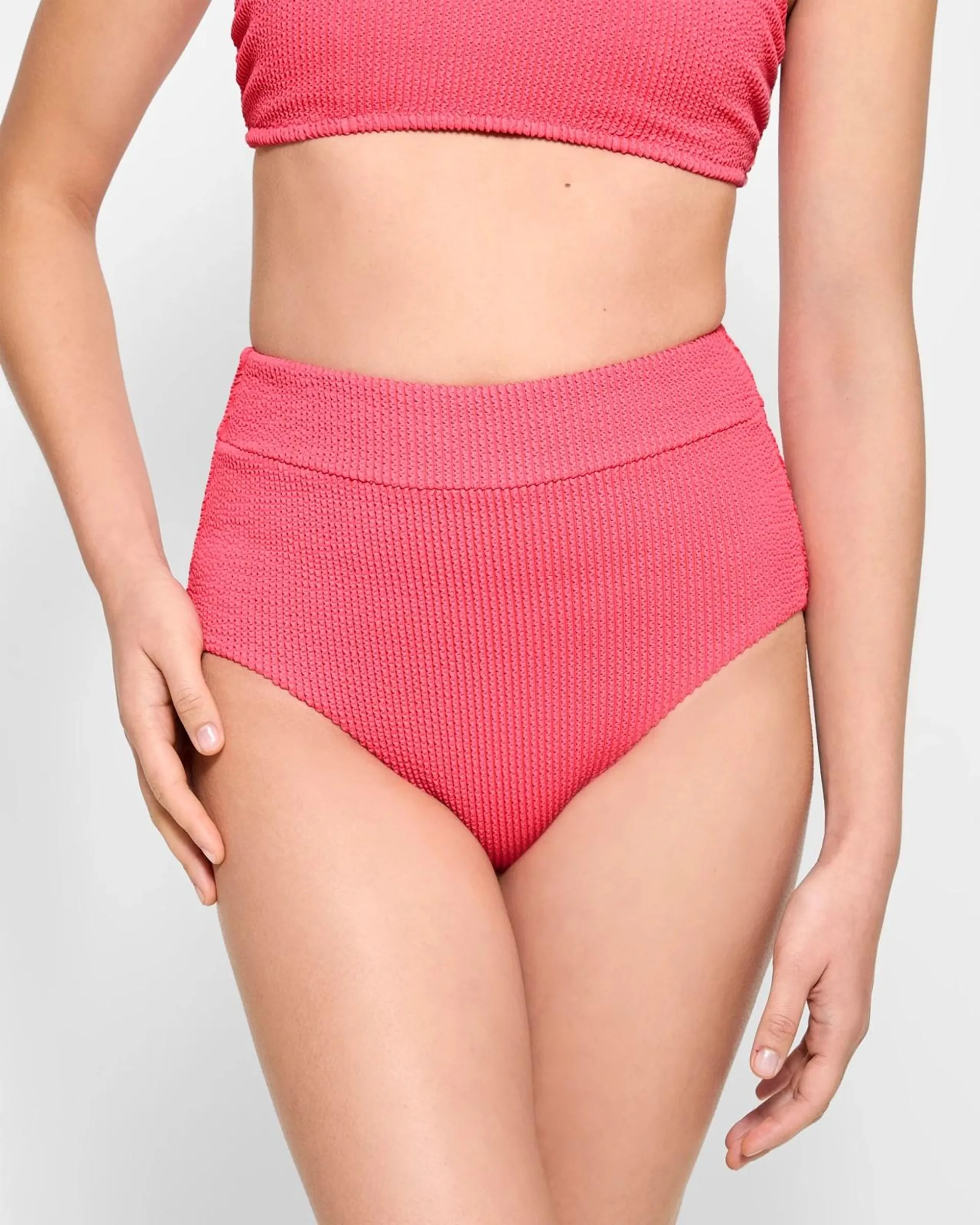 Crinkle High Waisted Swim Bikini Briefs - Red