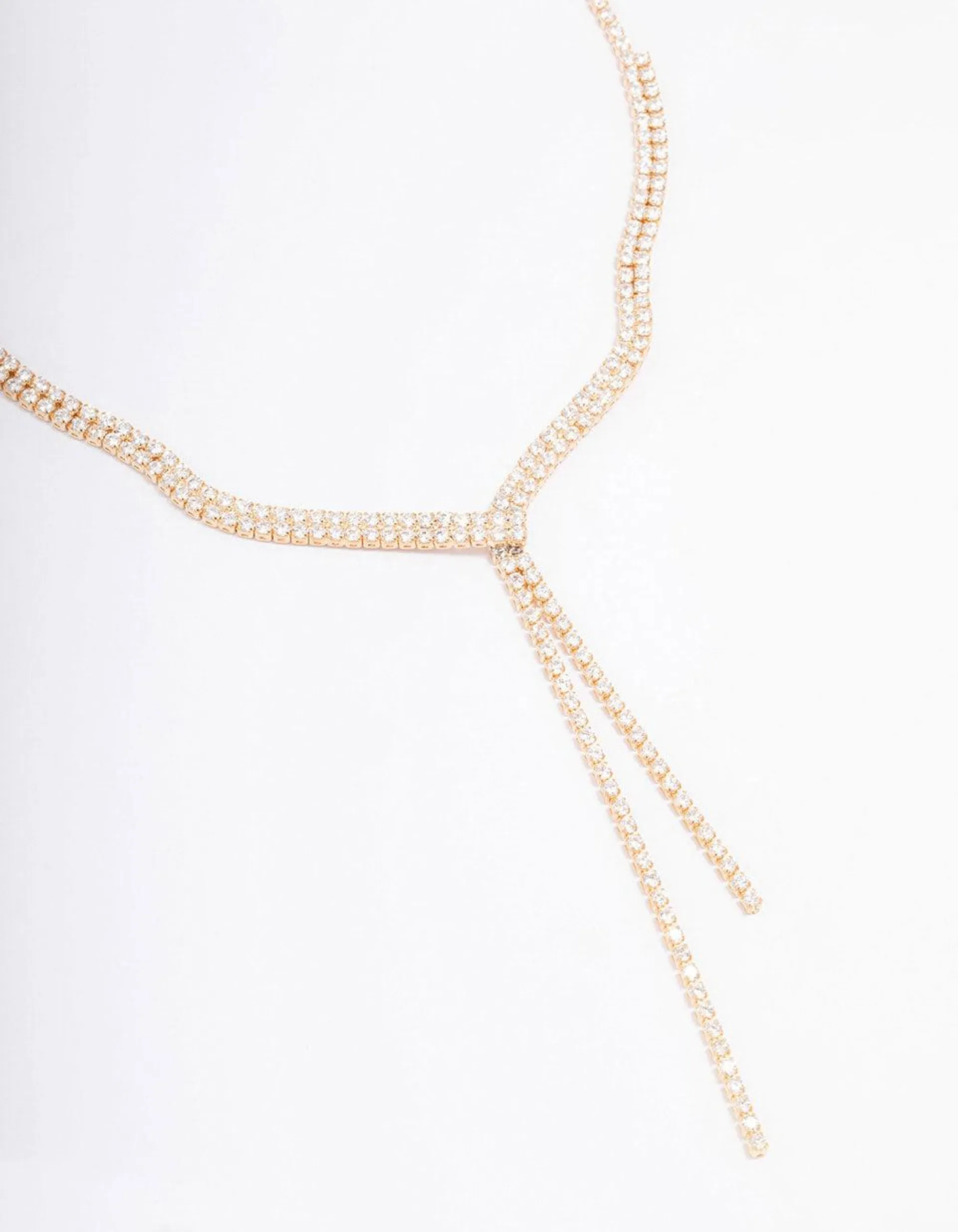 Gold Fine Ribbon Cubic Zirconia Lariat Necklace