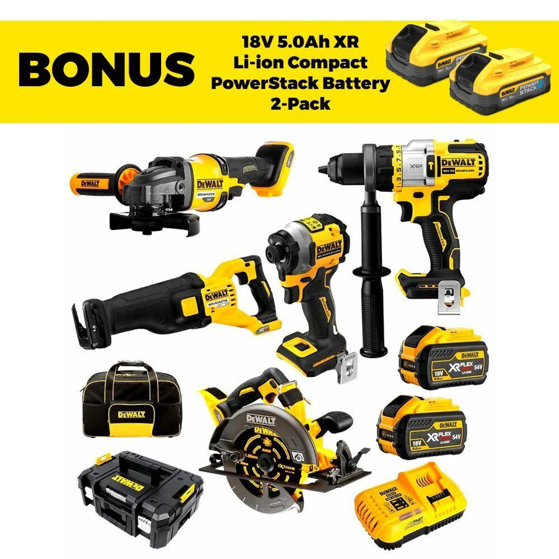 DeWalt DCZ596X2T-XE 18V-54V 9.0Ah FlexVolt XR Li-Ion Cordless Brushless 5pce Combo Kit