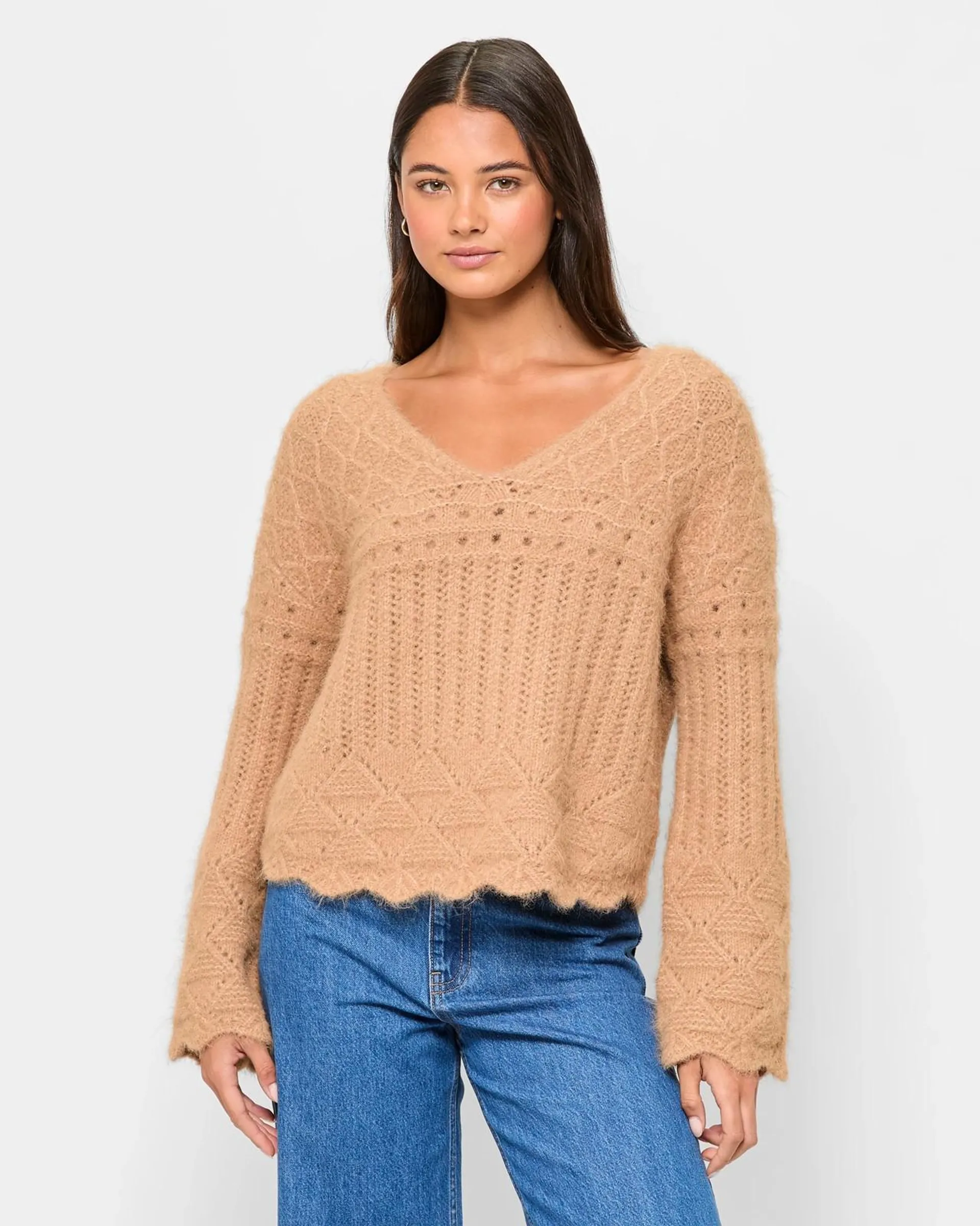Pointelle V-Neck Jumper - Lily Loves - Burro