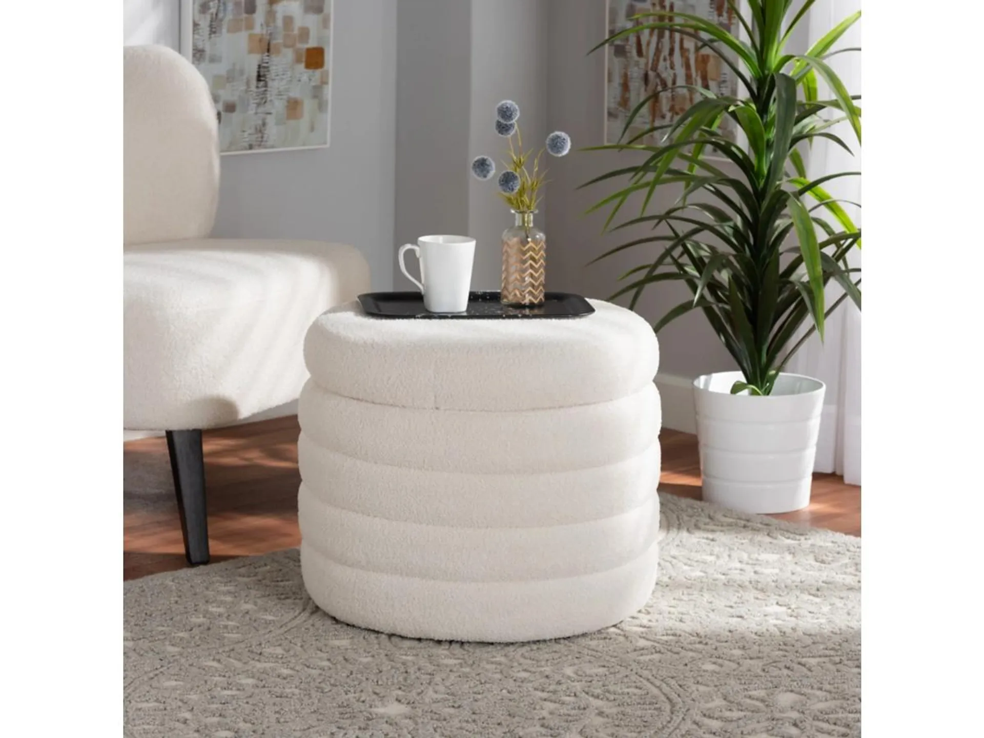 Baxton Studio Tabitha Boucle Round Storage Ottoman