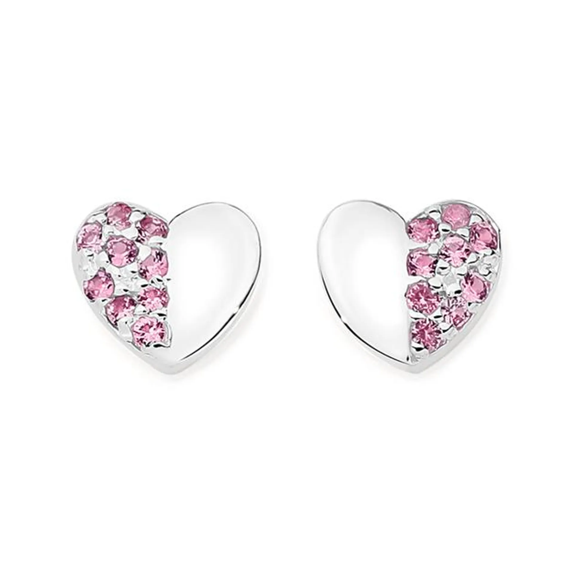 Silver Half Pink CZ Pave Heart Stud Earrings