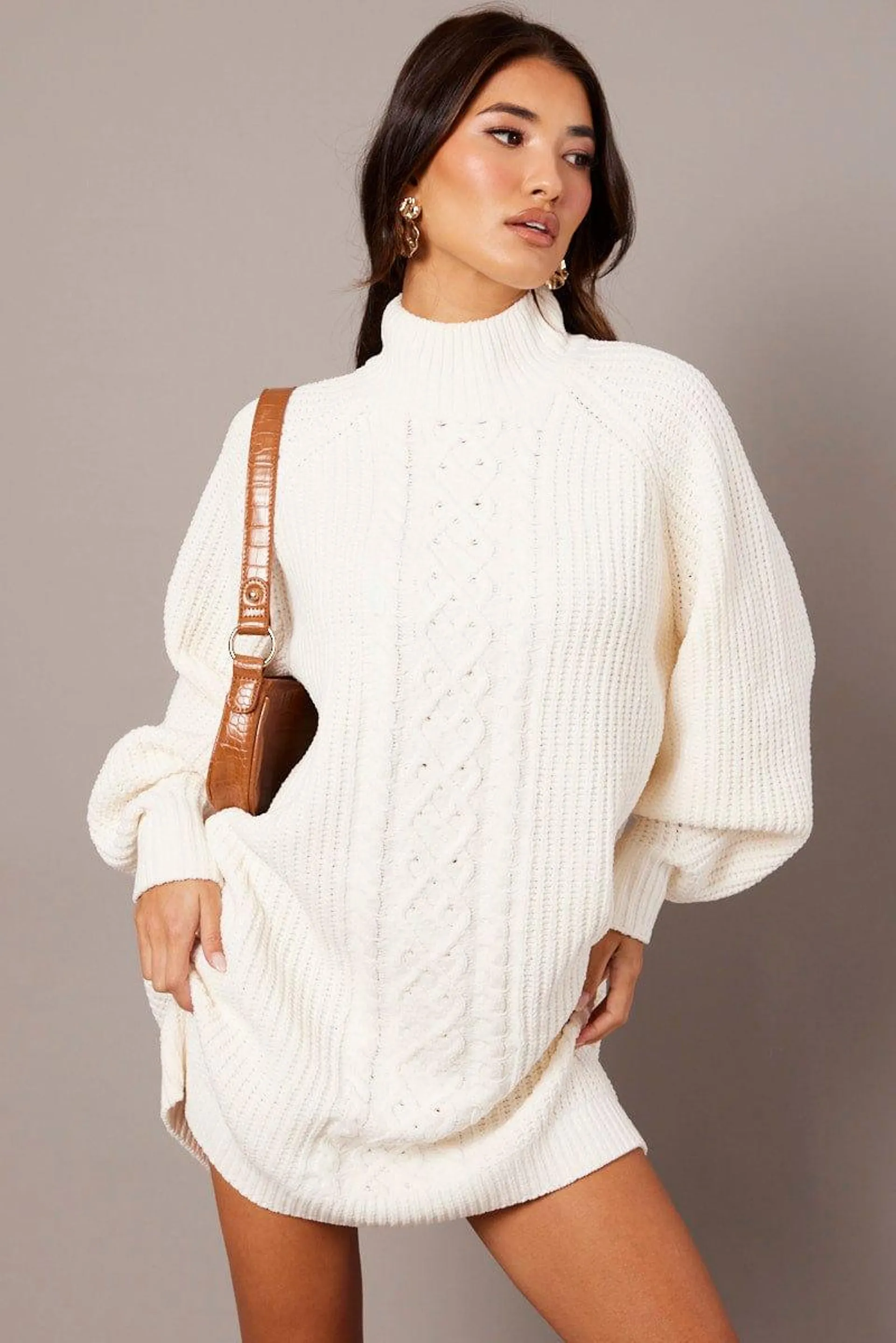 White Knit Dress High Neck Oversized chenille