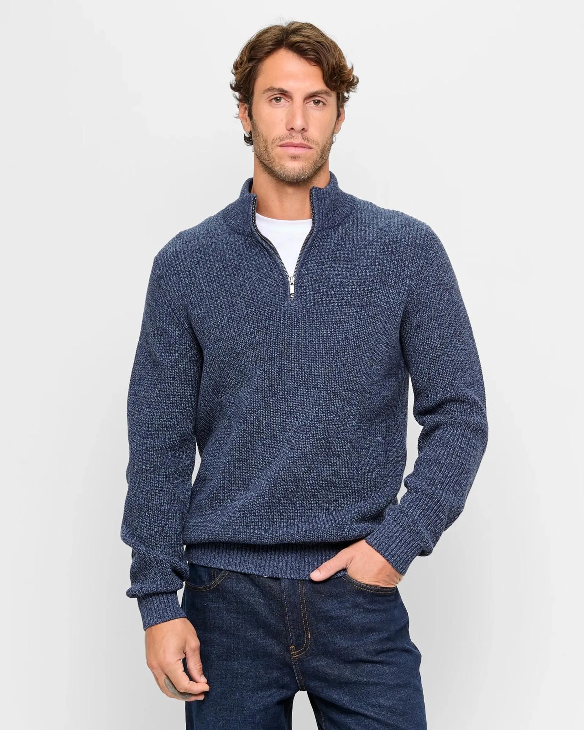 Australian Cotton 1/2 Zip Knit Jumper - Denim Marle
