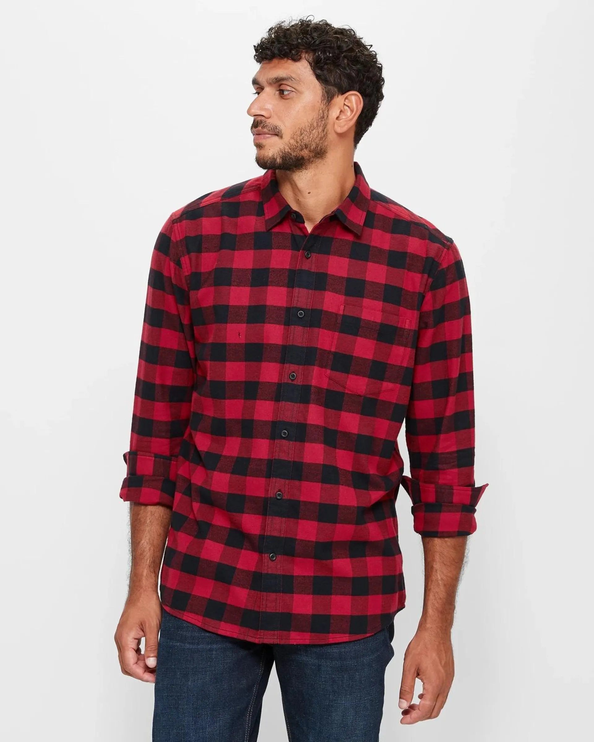 Long Sleeve Flannelette Shirt - Red + Black