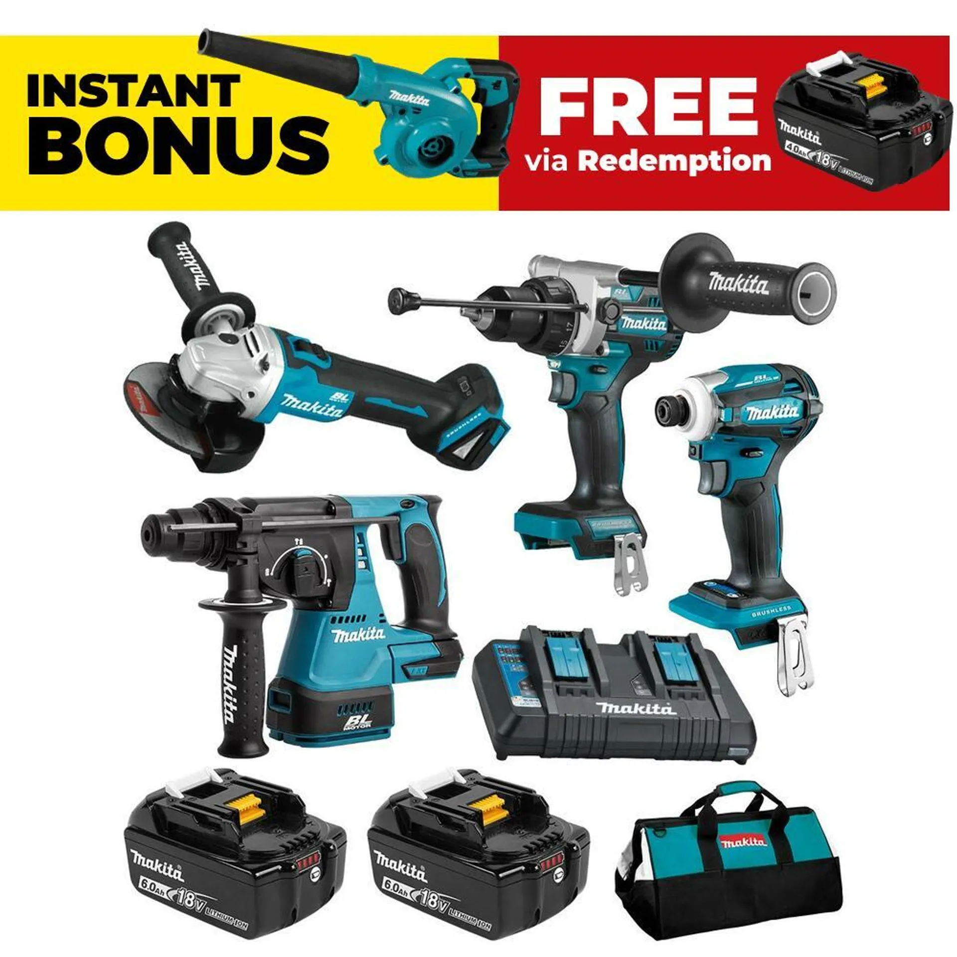 Makita DLX4161GX1 18V 6.0Ah LXT Li-ion Cordless Brushless 4pce Combo Kit