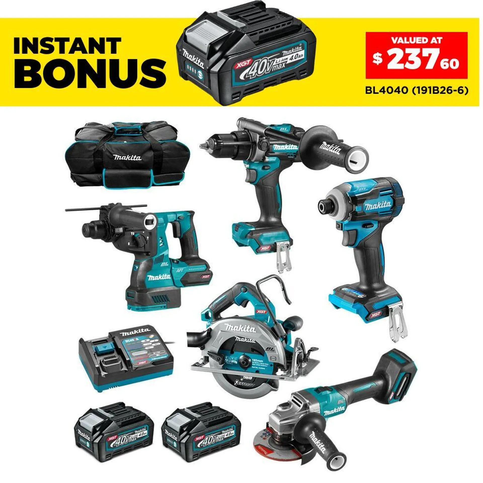 Makita DK0144G502 40V 4.0Ah Max XGT Li-ion Cordless Brushless 5pce Combo Kit