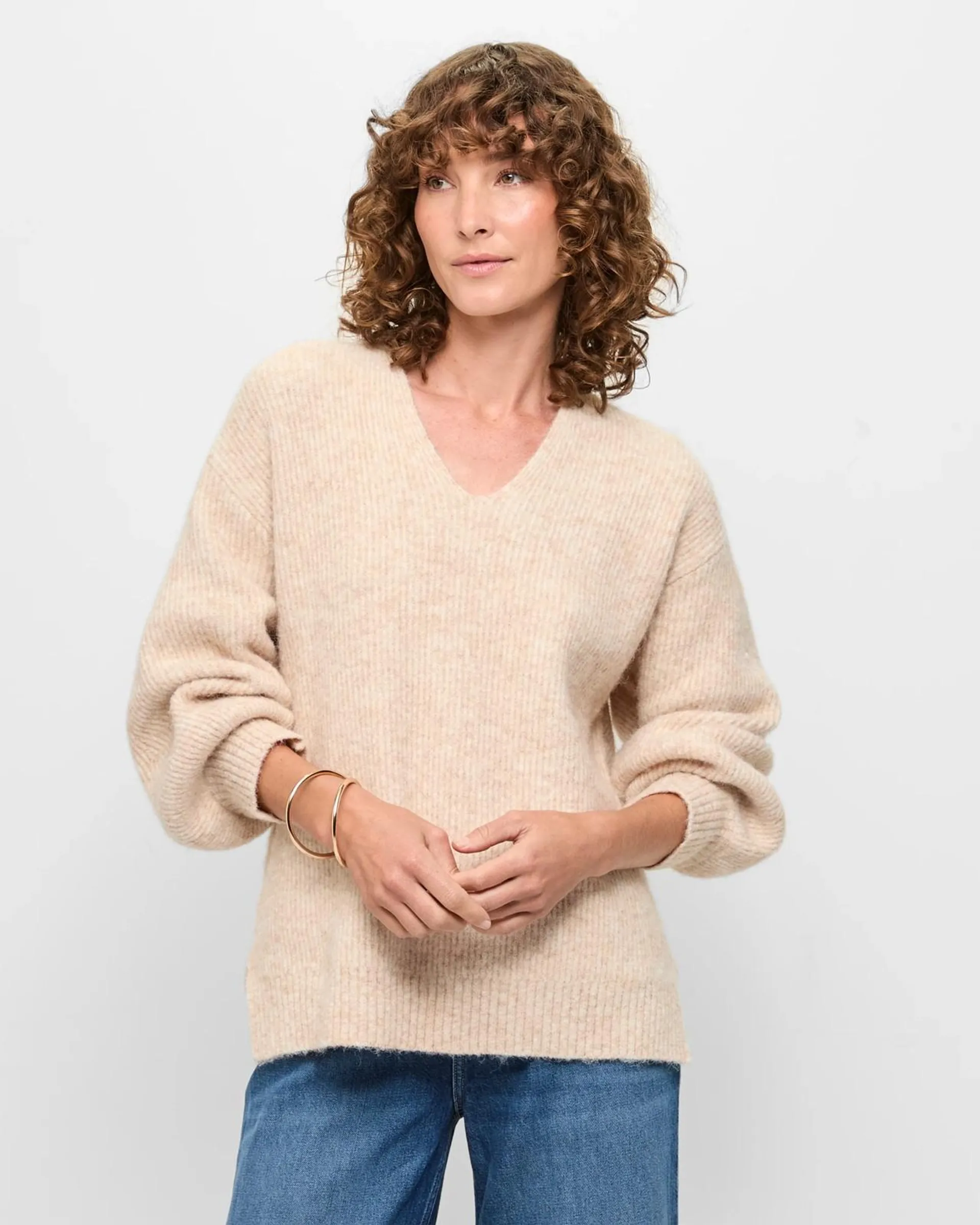 Balloon Sleeve Lofty V-Neck Jumper - Apricot Marle