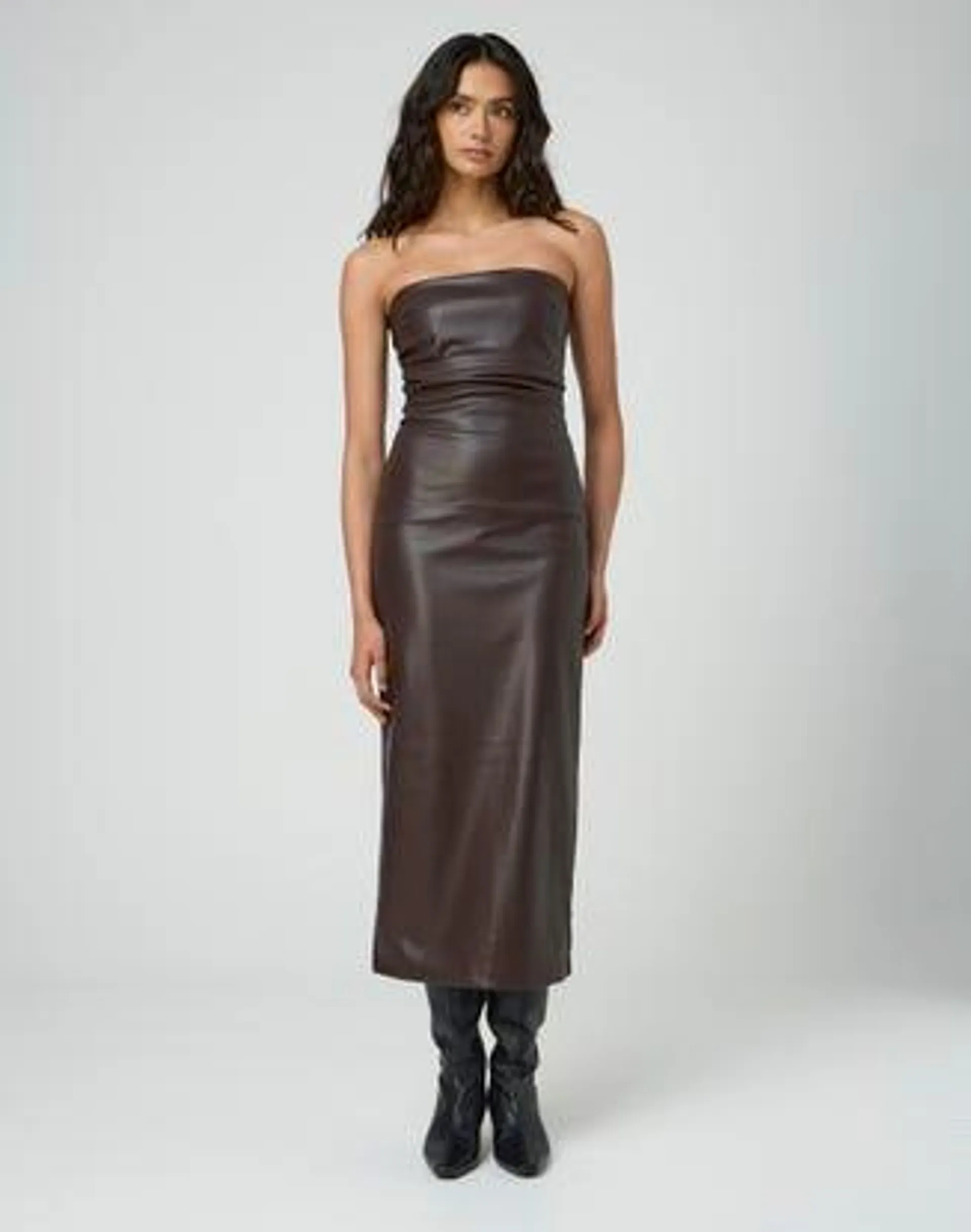 Strapless Faux Leather Midi Dress