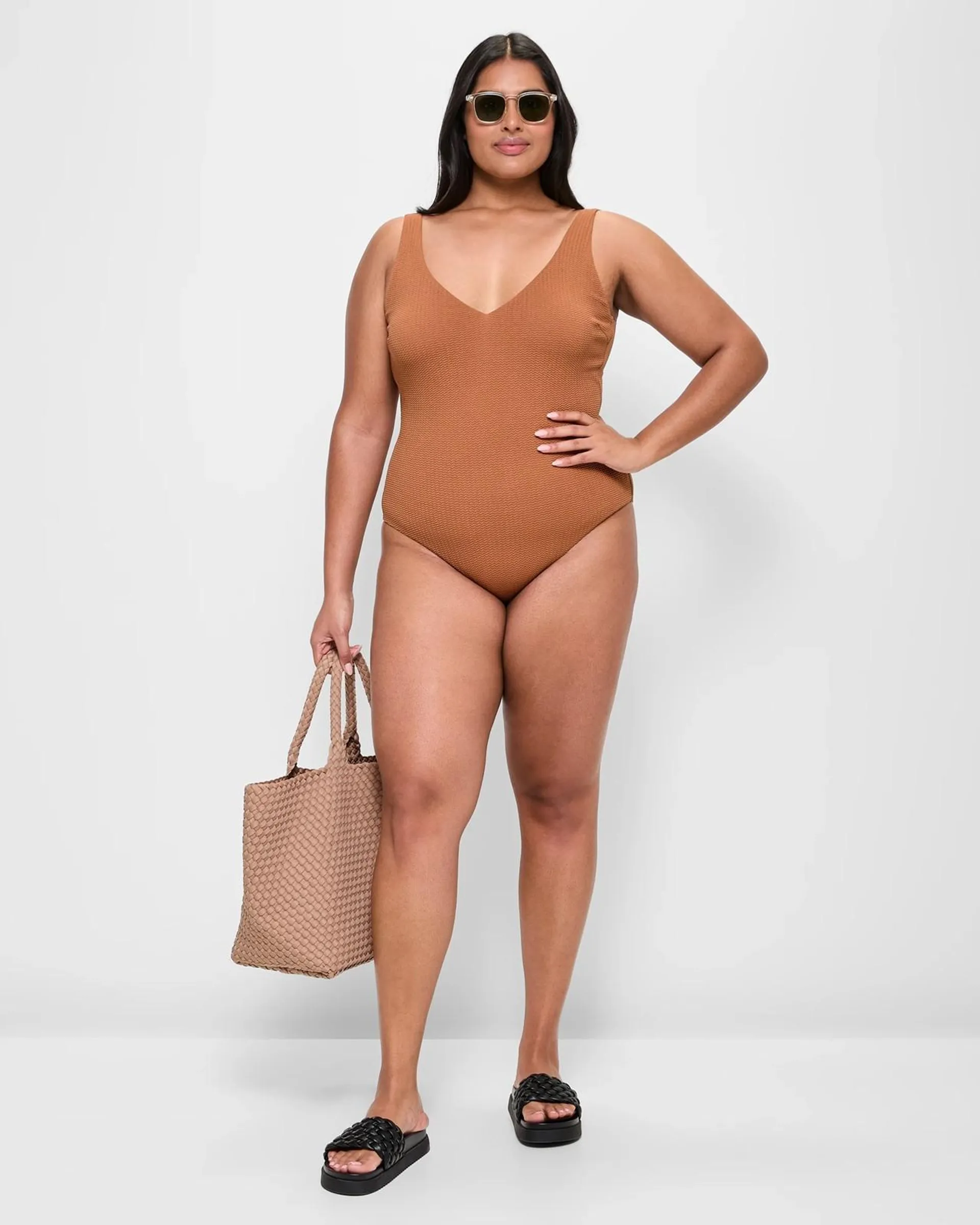 Textured V-Neck One Piece Swim Bathers - Toffee