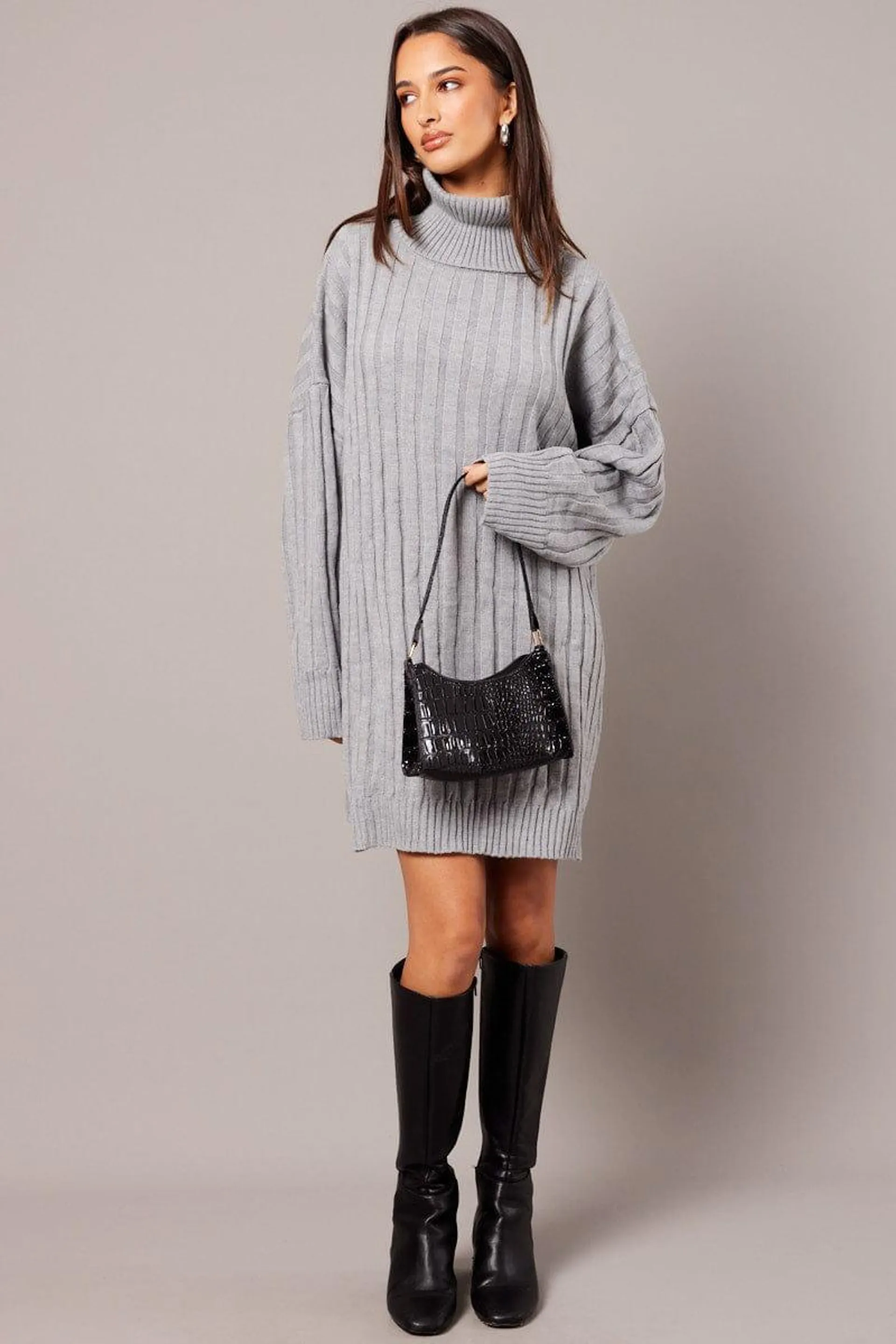 Grey Knit Dress Long Sleeve Jumper