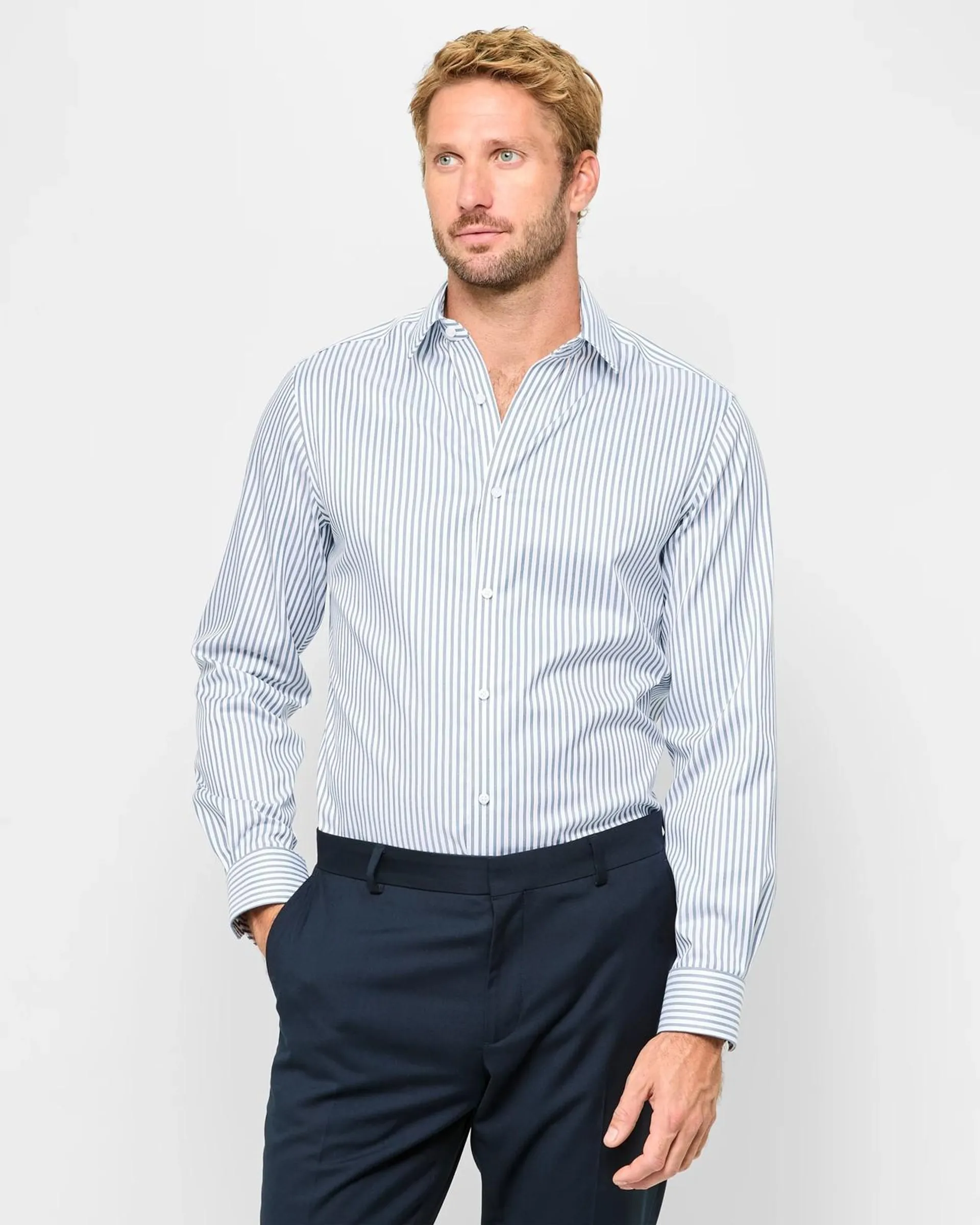 Non Iron Long Sleeve Business Shirt - Preview - Blue / Stripe