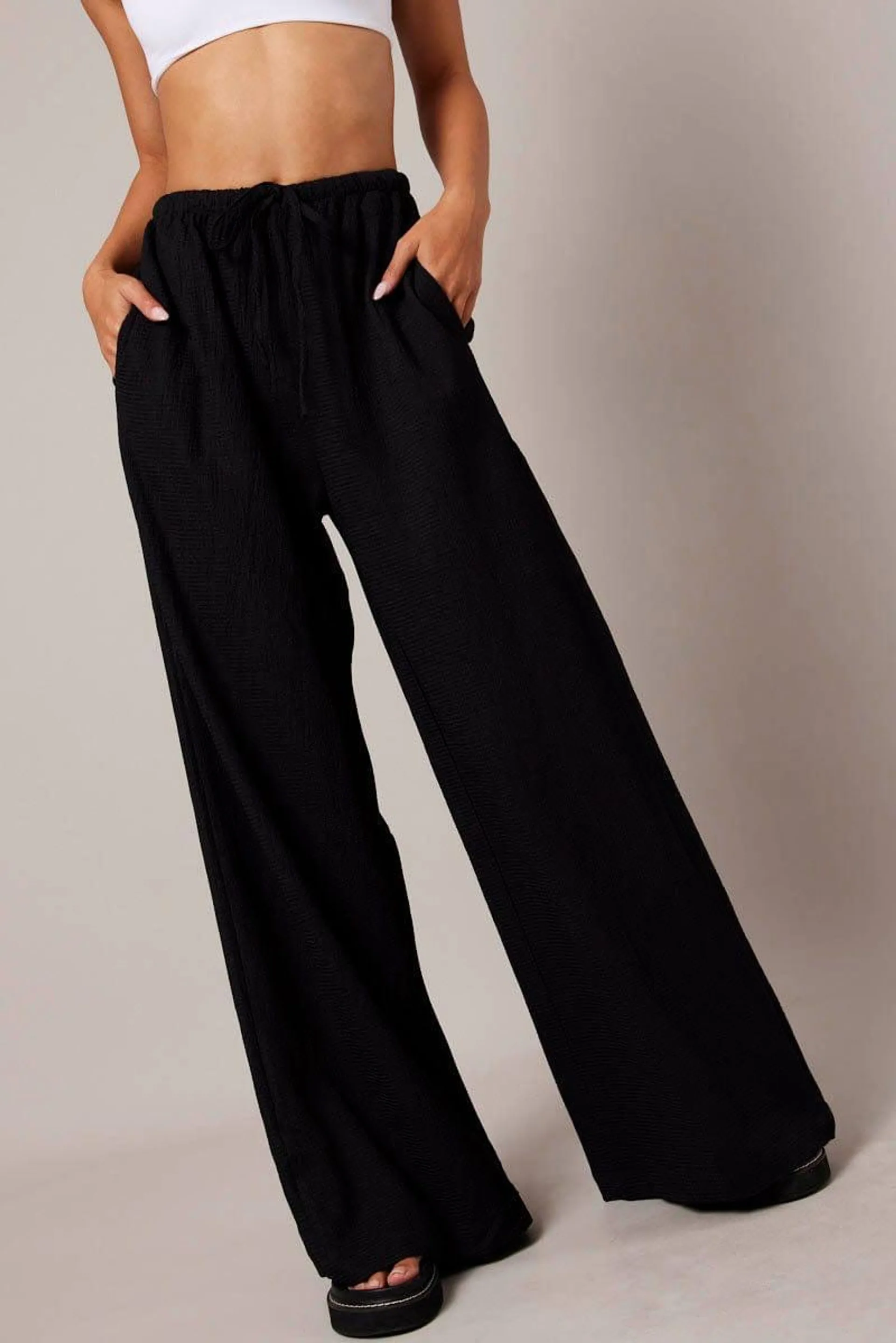 Black Wide Leg Pants High Rise Textured Fabric