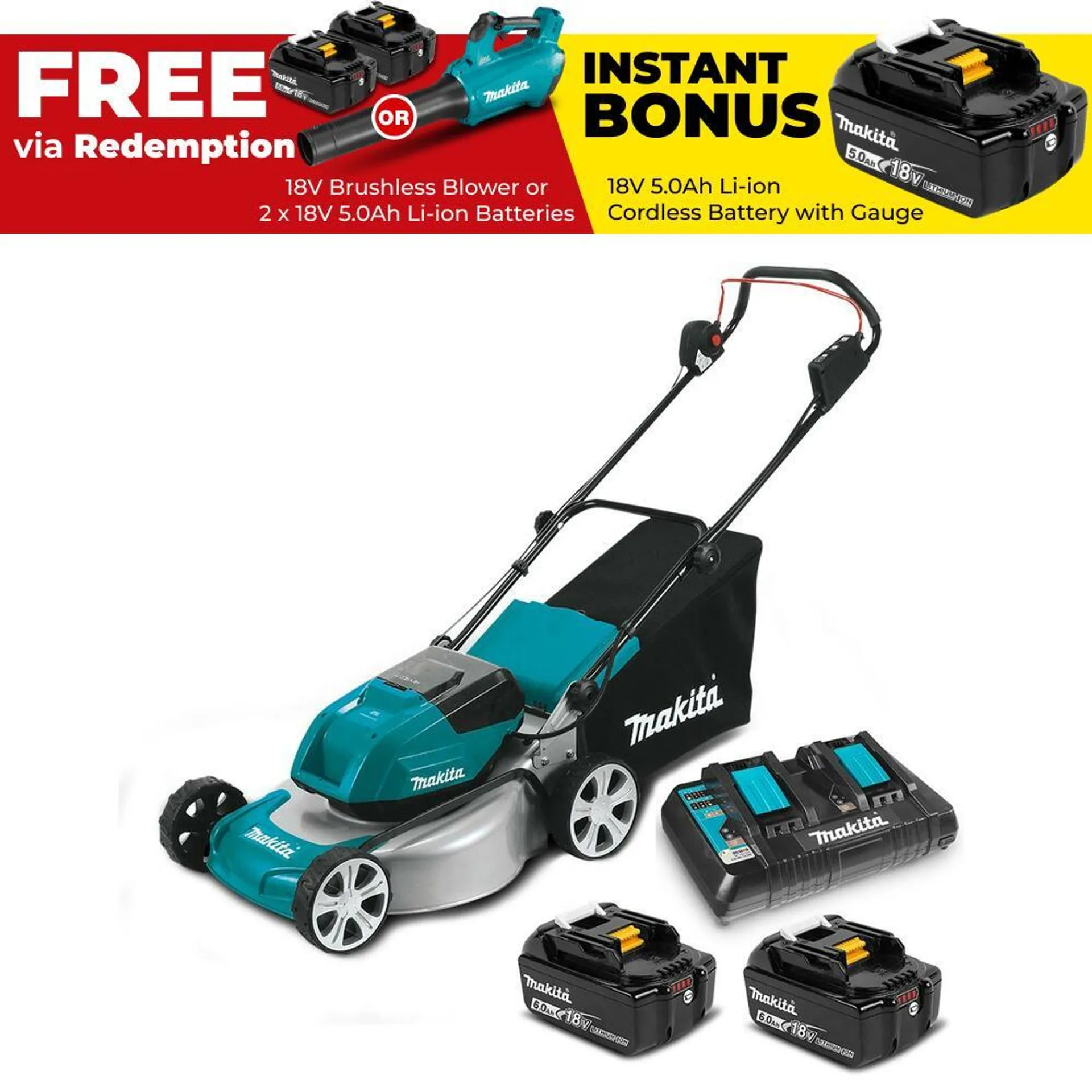 Makita DLM464PG2 36V (18V x 2) 6.0Ah Li-ion Cordless Brushless 460mm (18") Lawn Mower Combo Kit