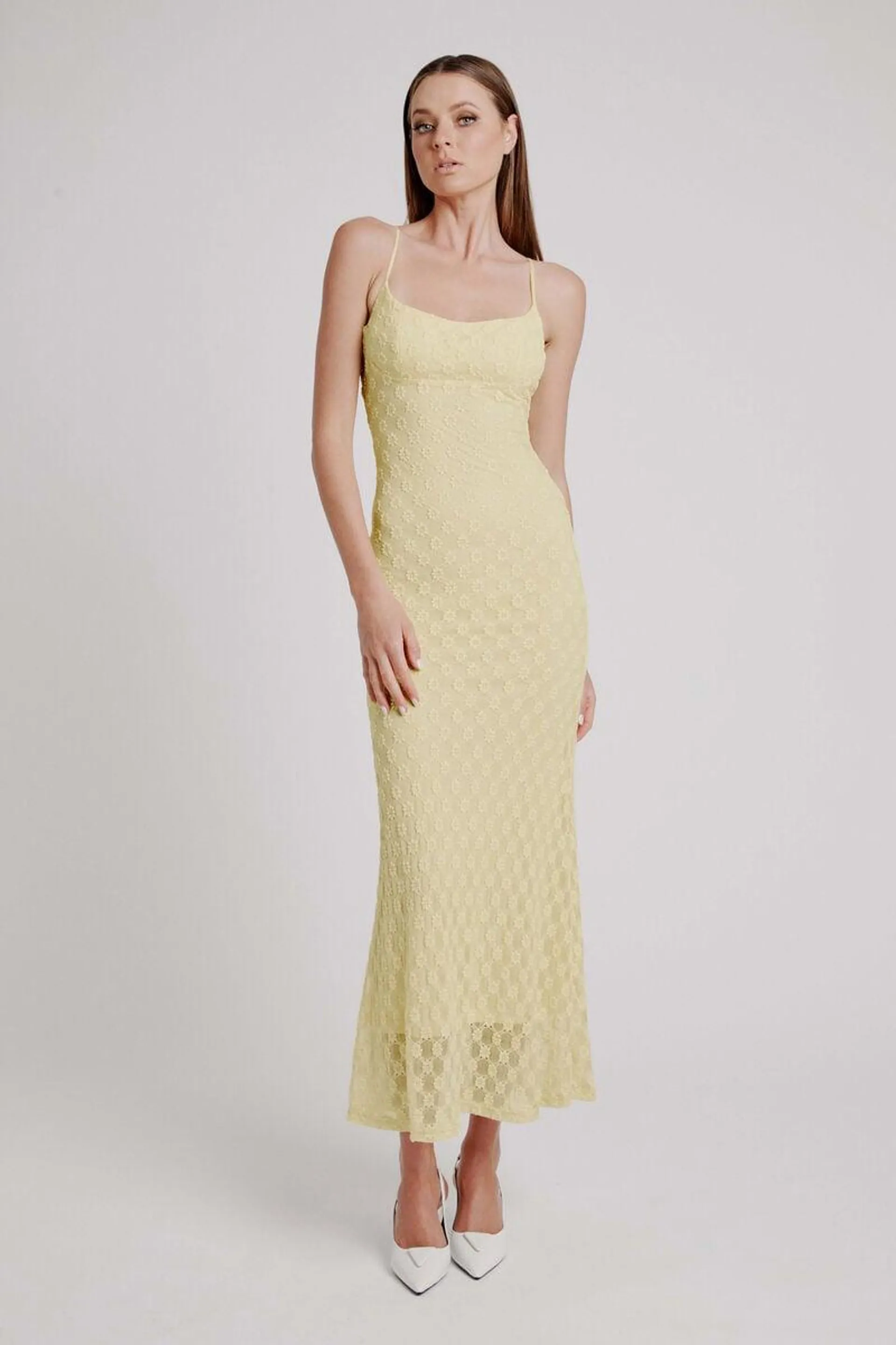 adoni mesh midi dress in canary yellow