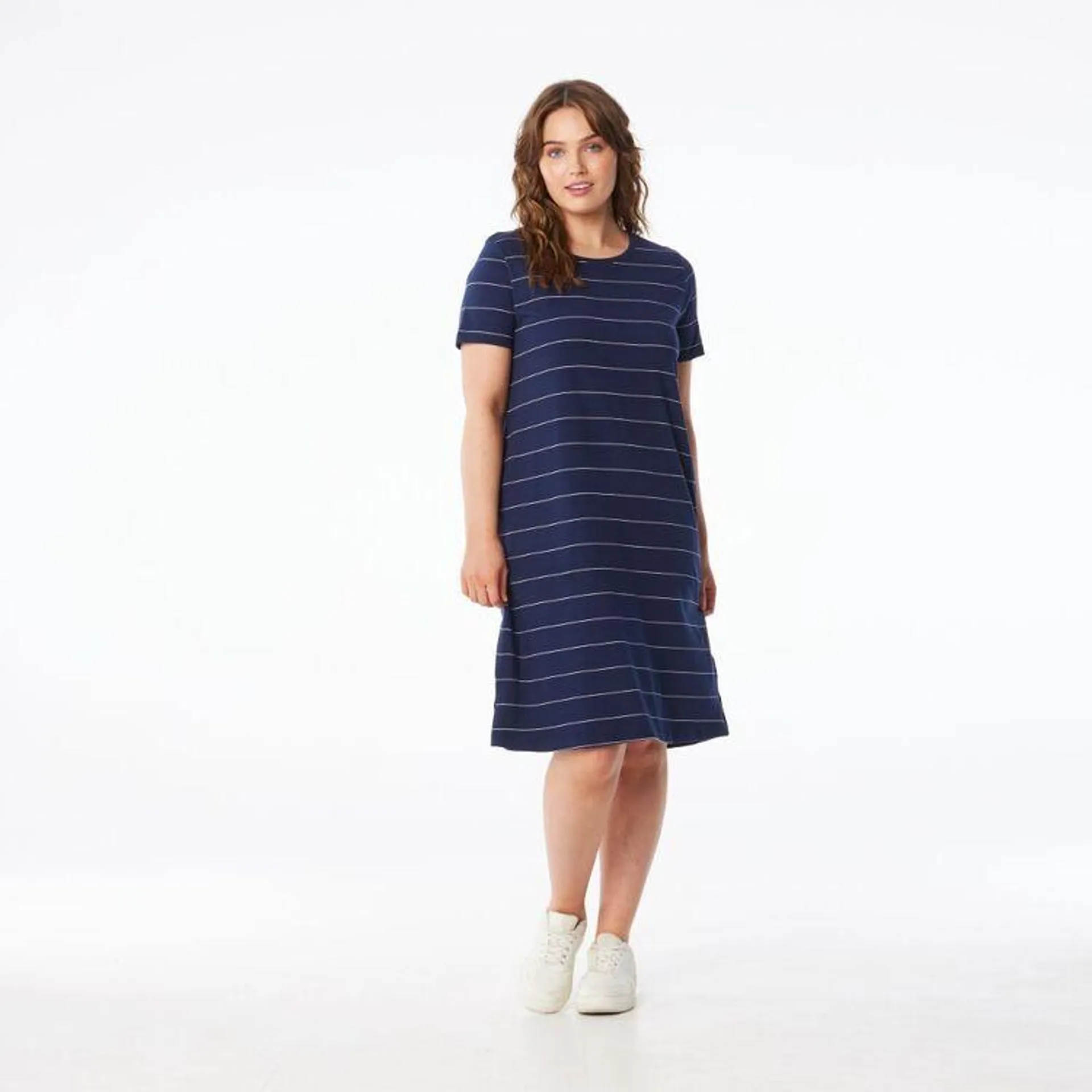 Khoko Collection Women's Stripe Tee Shirt Dress Navy, White Stripe