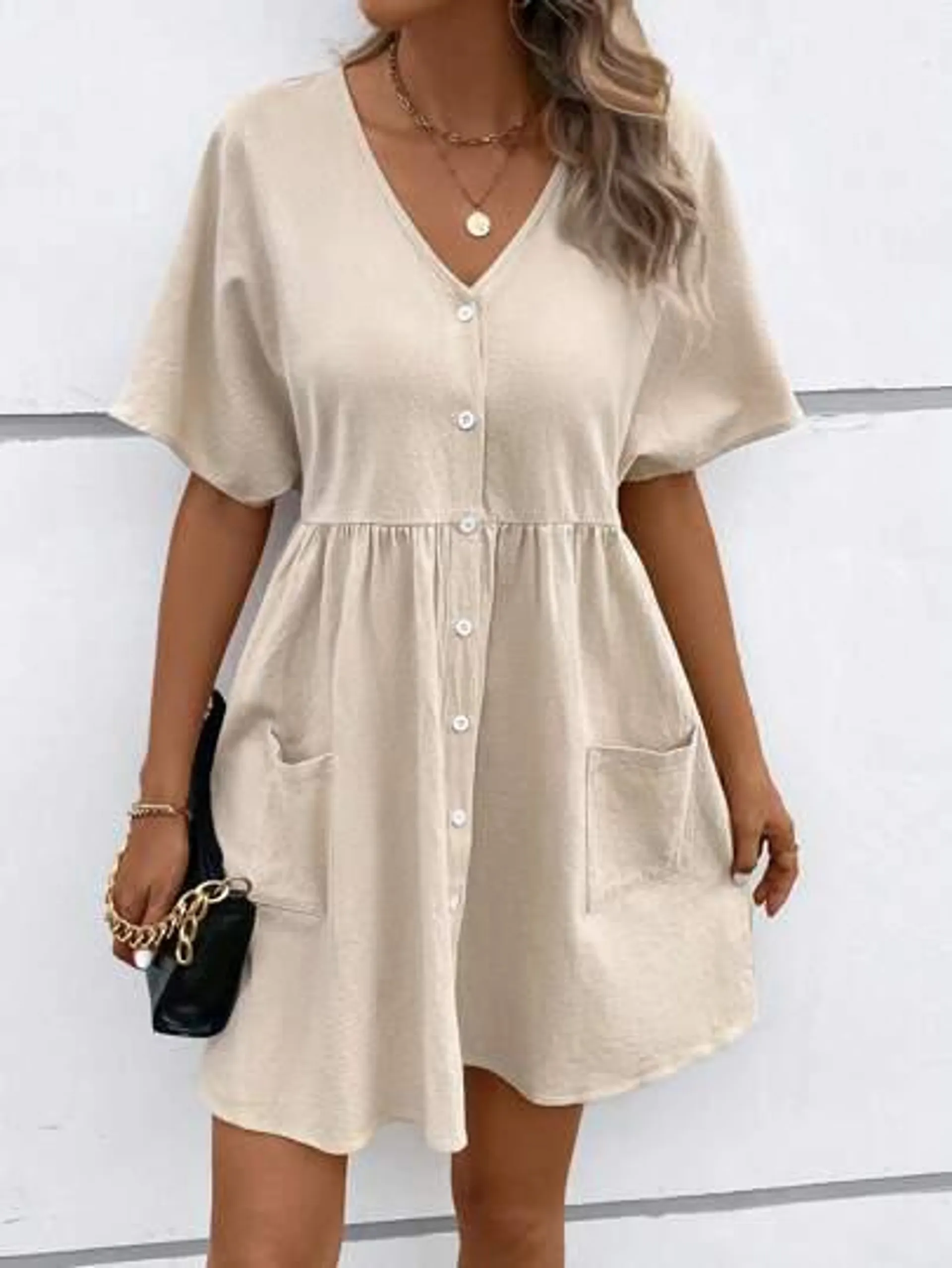 Batwing Sleeve Button Front Smock Dress