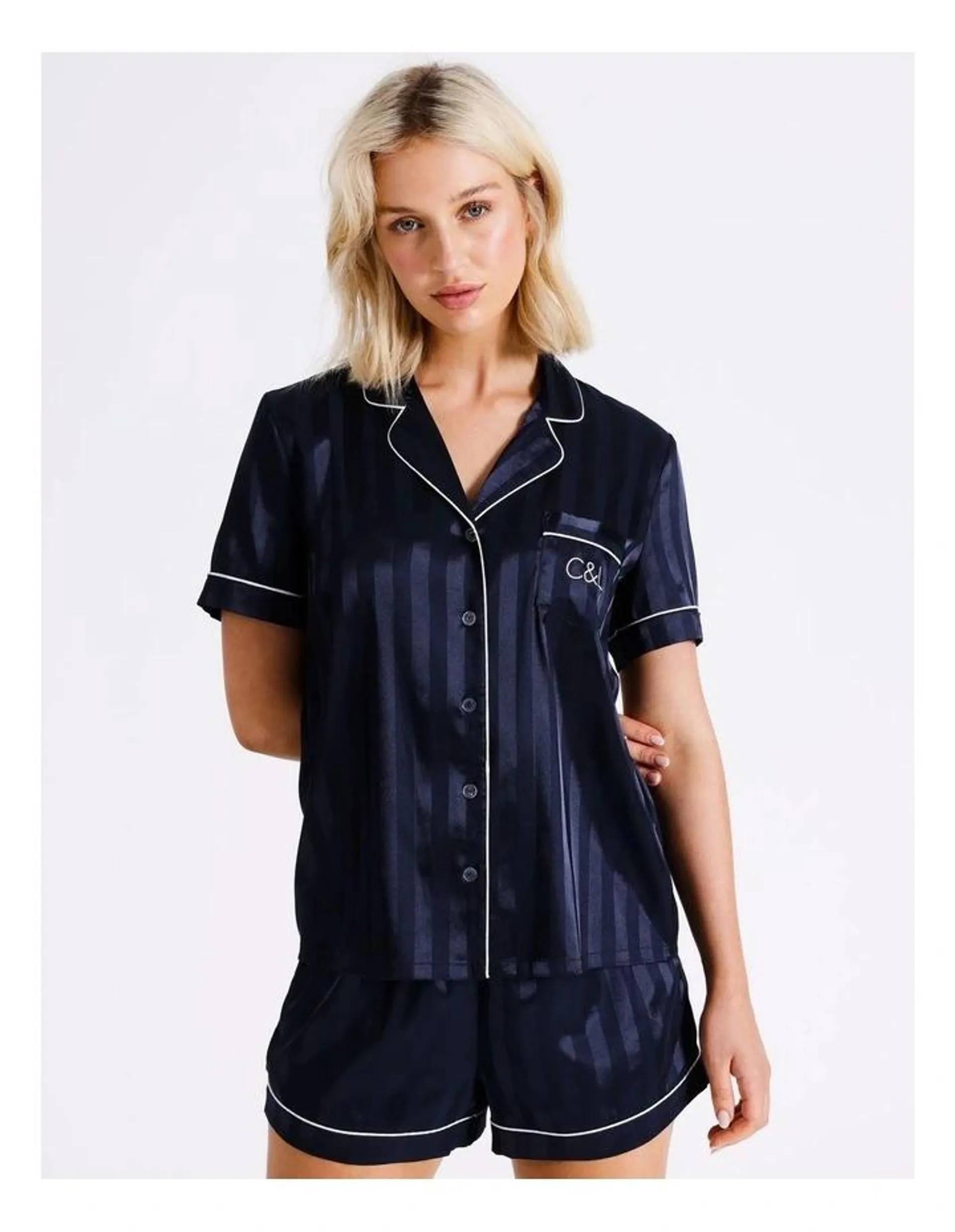 Jacquard Stripe Satin PJ Set in Navy