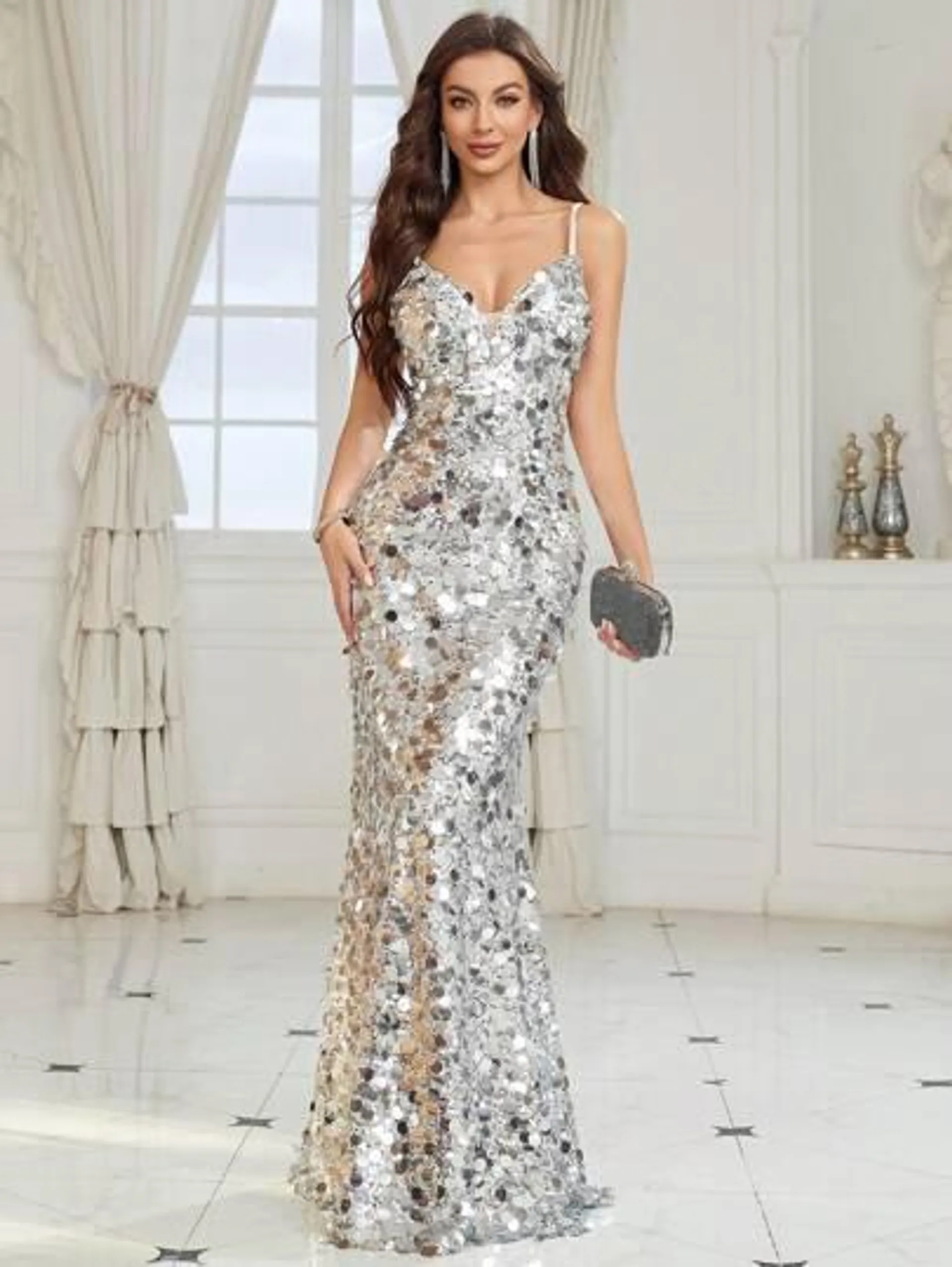 SHEIN Belle Elegant And Sexy Women Valentine's Day Silver Large Sequined Spaghetti Strap Backless Heavy Industry Evening Dress
