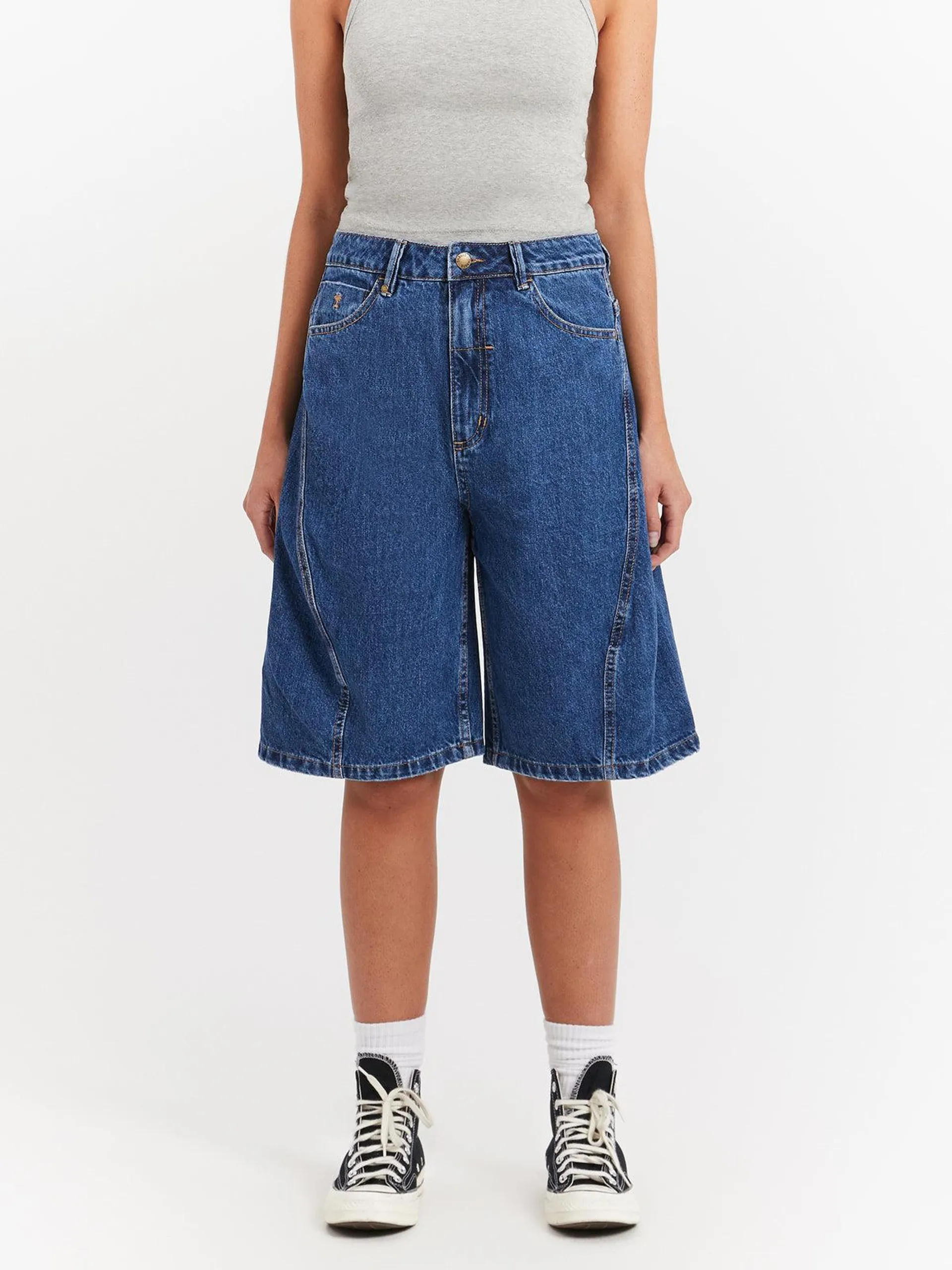 Ronnie Pieced Denim Shorts in Bright Mid Blue