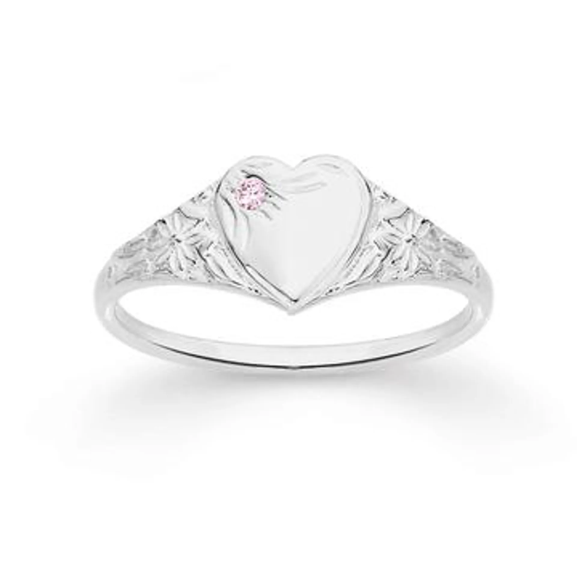 Silver Pink CZ Heart Signet Ring