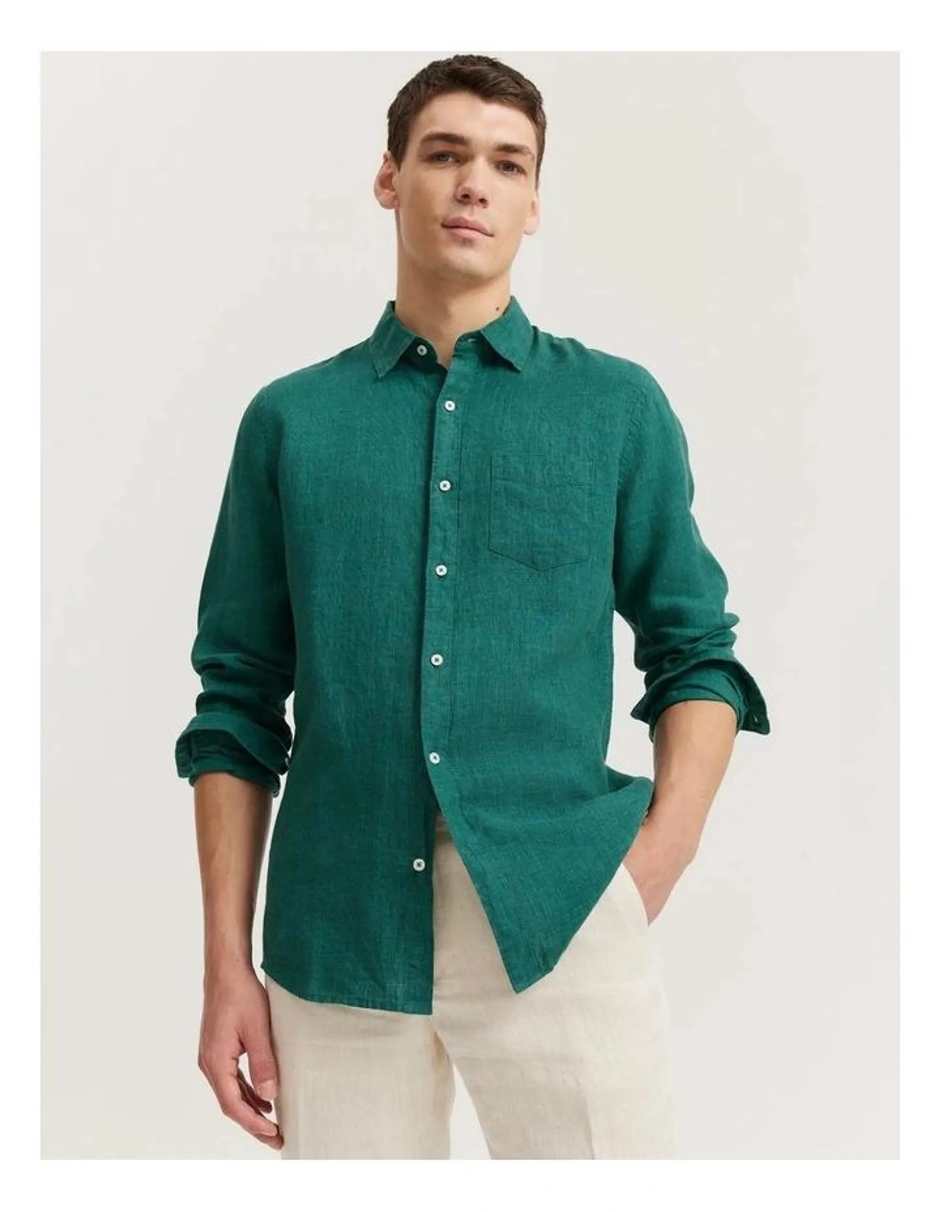 Regular Fit Organically Grown Delave Linen Shirt in Myrtle Green