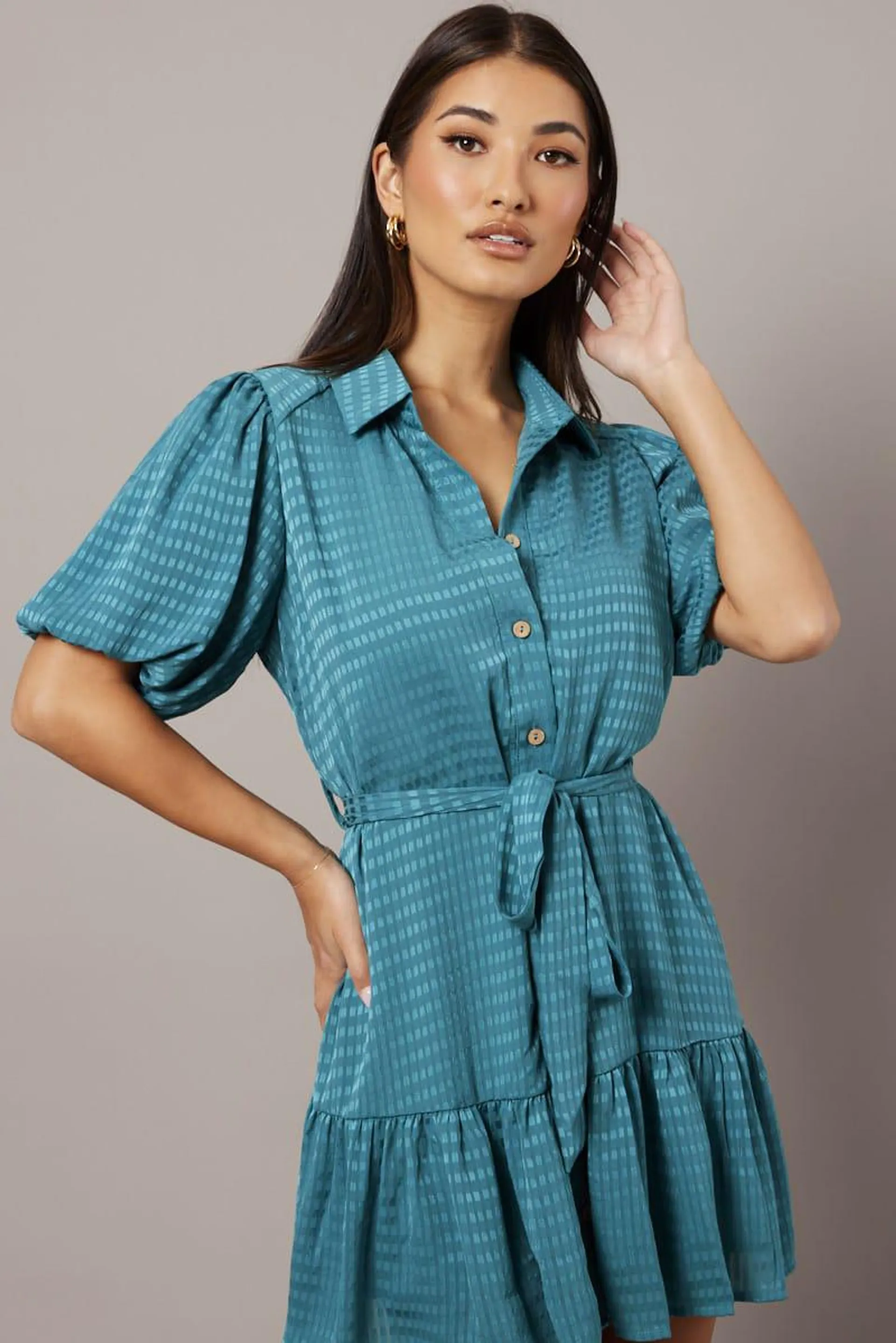 Green Fit And Flare Dress Short Sleeve Mini