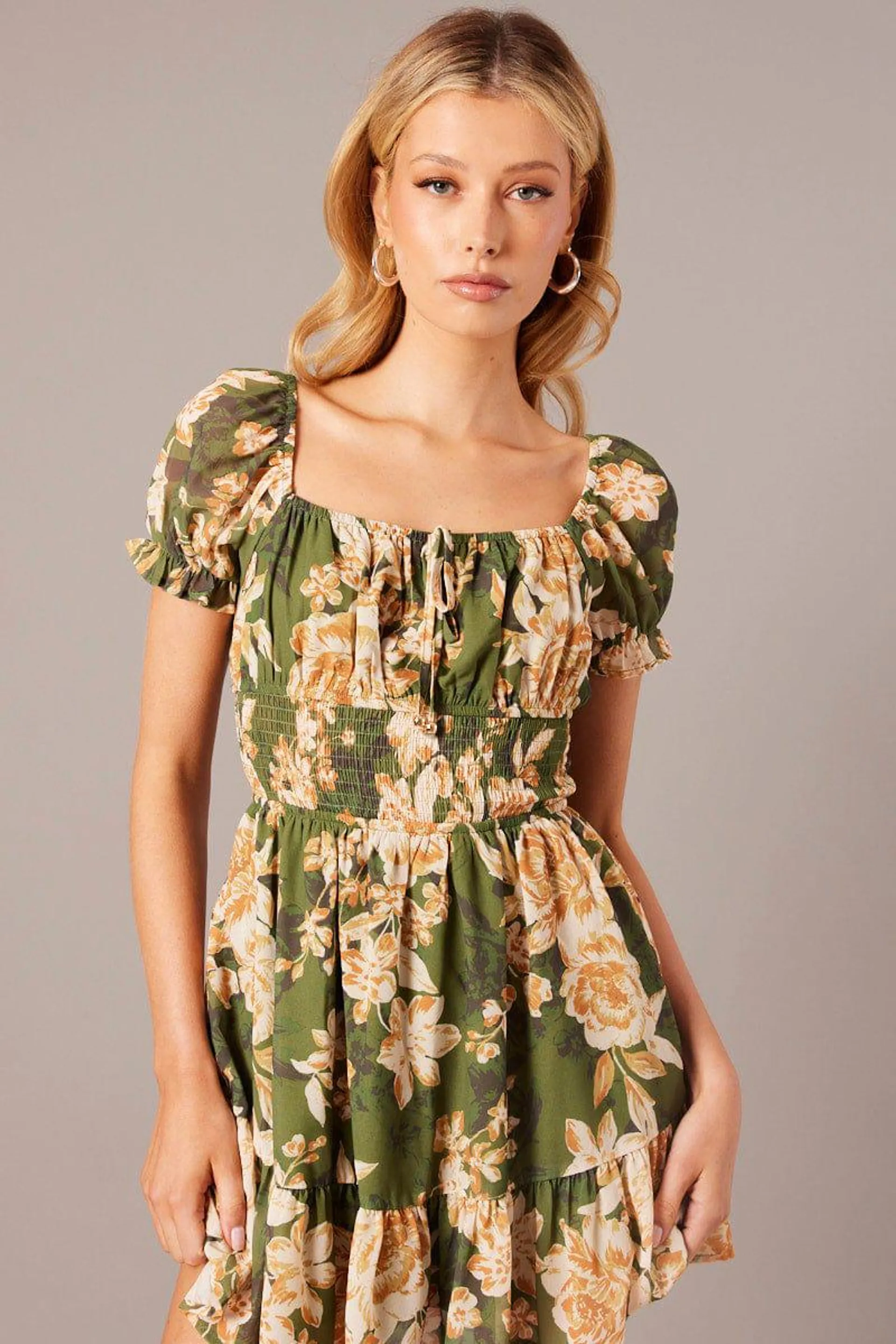 Green Floral Fit And Flare Dress Puff Sleeve Mini Floral print