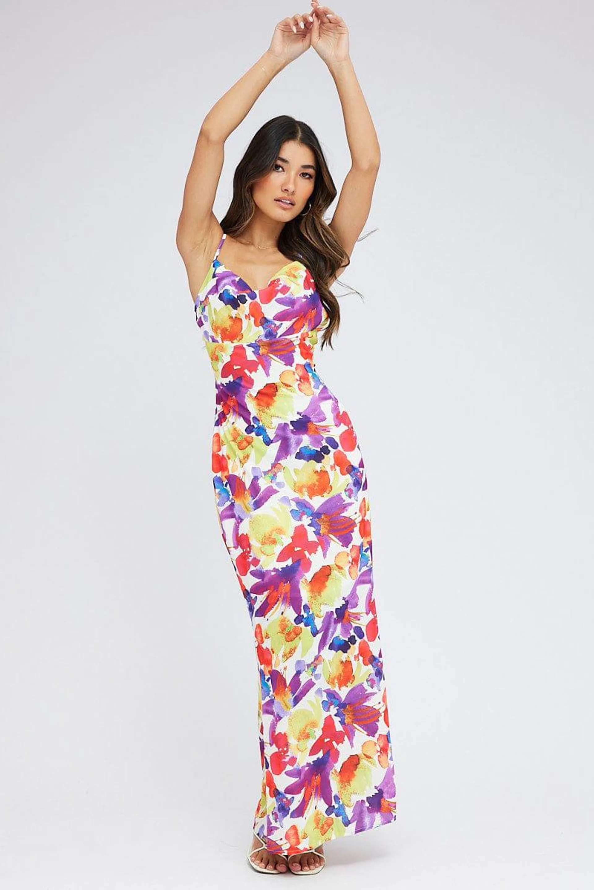 Multi Floral Maxi Dress Slip Cami Watercolour Print