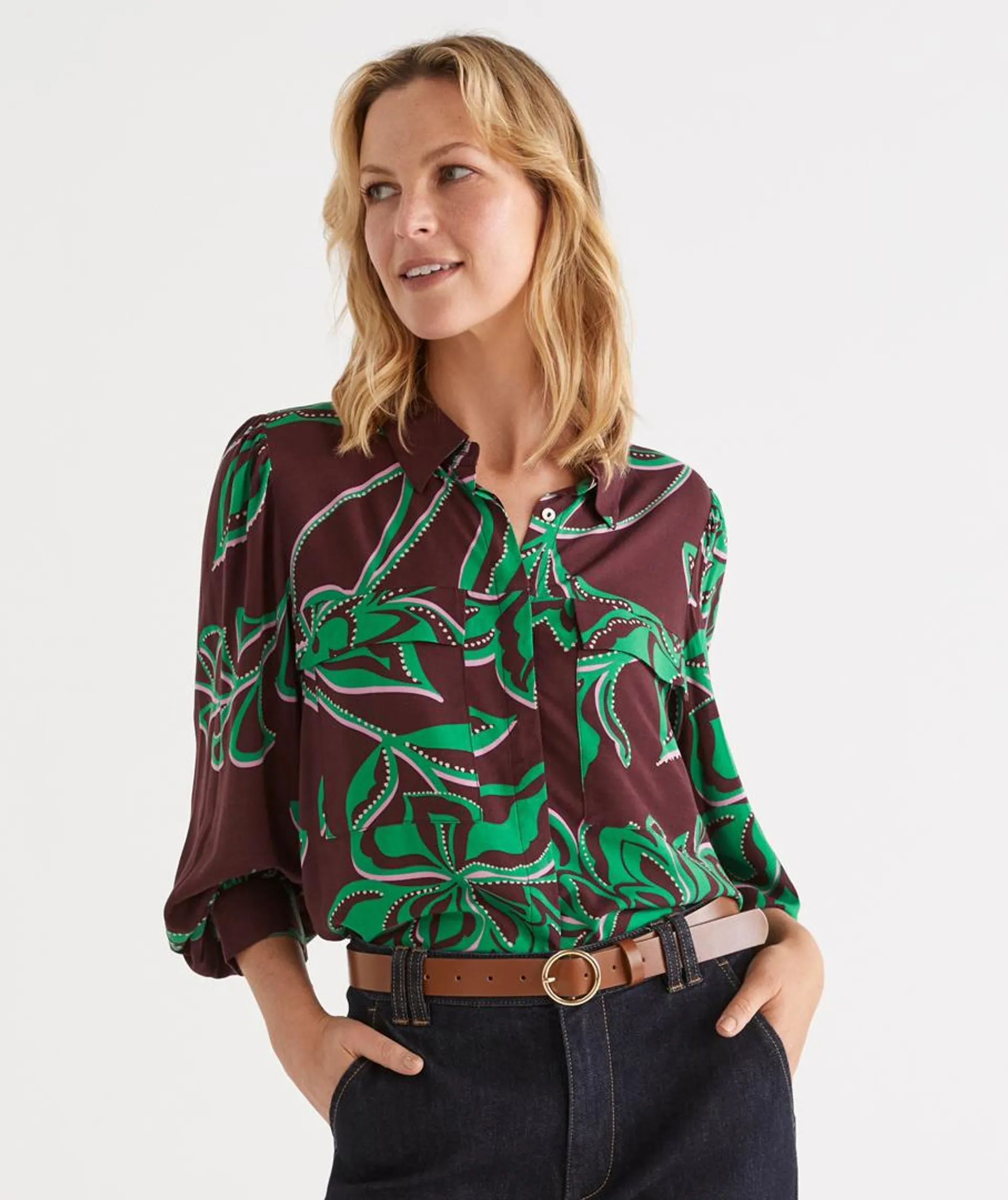 ABSTRACT BLOOM PRINT POPOVER SHIRT