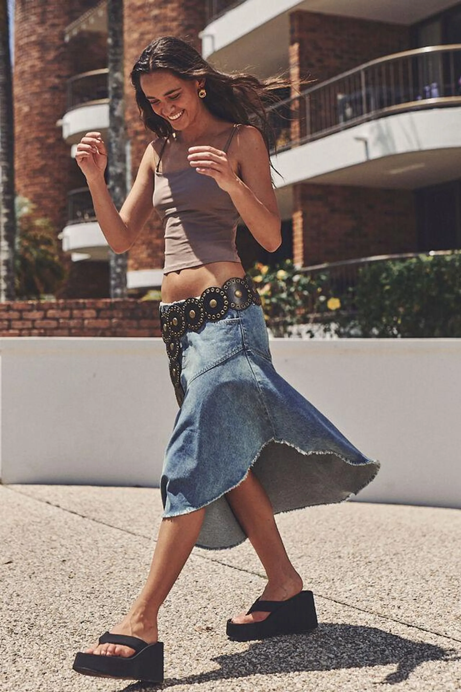 Asymmetrical Denim Midi Skirt