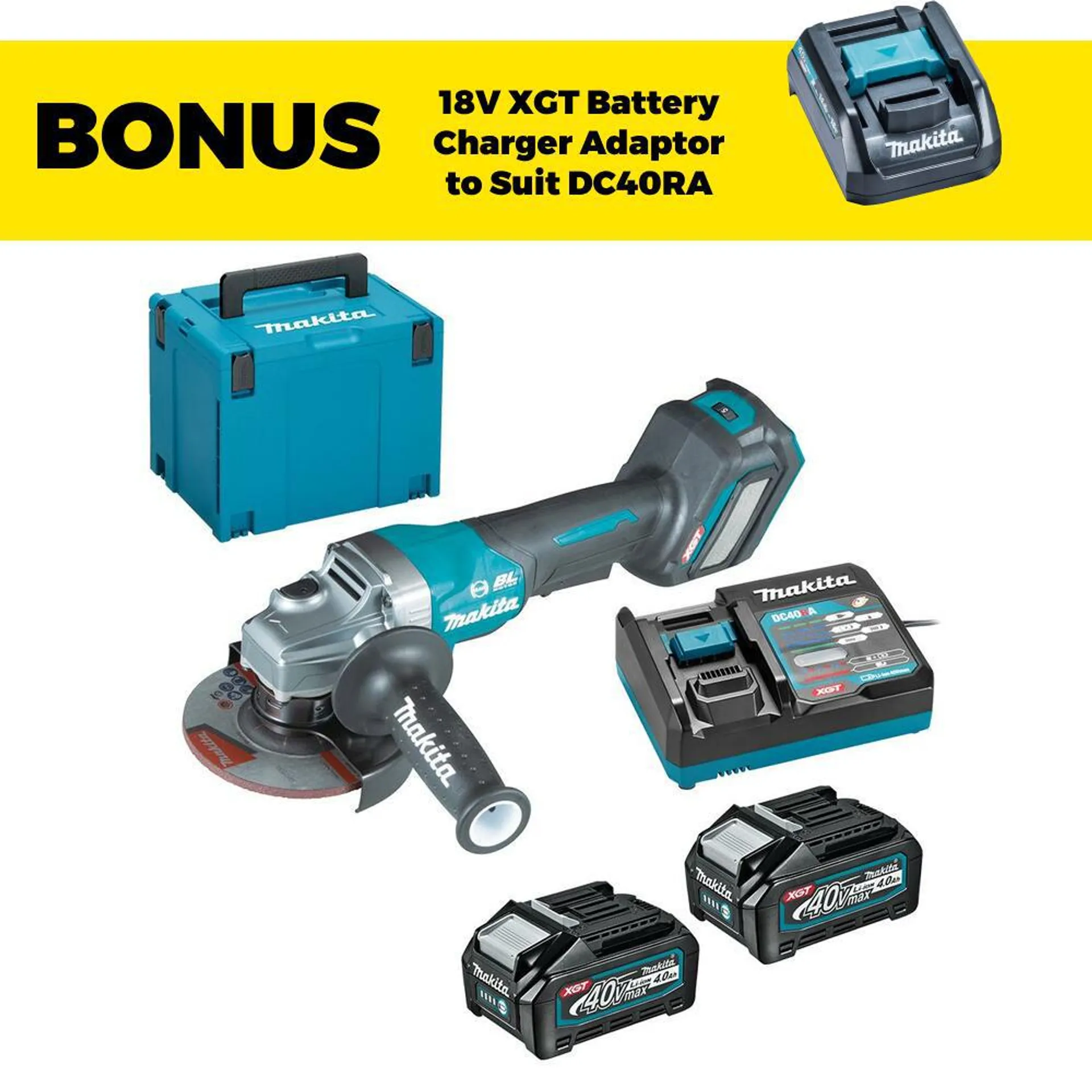 Makita GA029GM202 40V Max 4.0Ah Li-ion XGT Cordless Brushless AWS 125mm (5”) Paddle Switch Angle Grinder Combo Kit