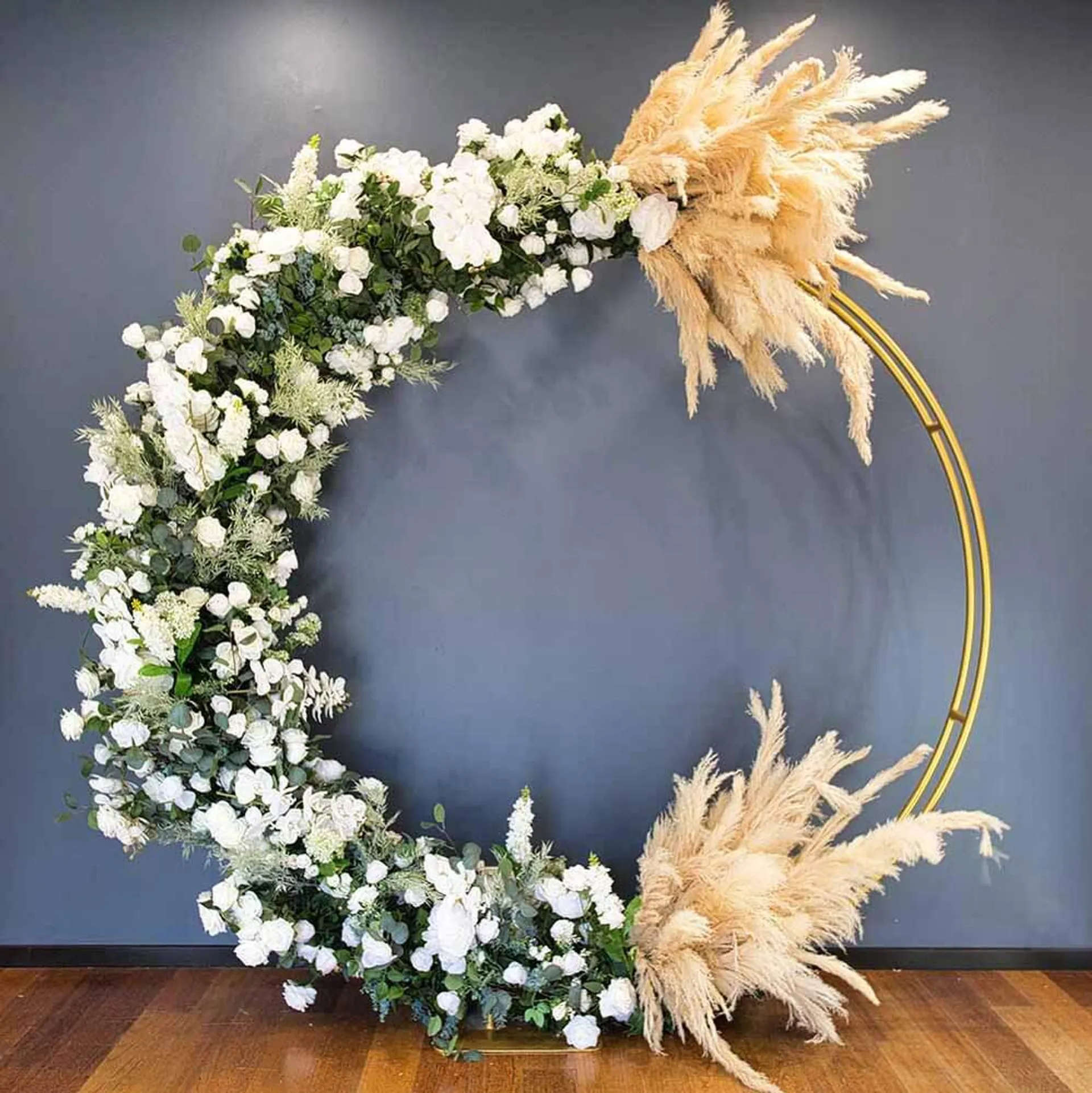 Floral Arc Hoop with Artificial Foliage, White Flowers & Pampas 2.4m HIRE
