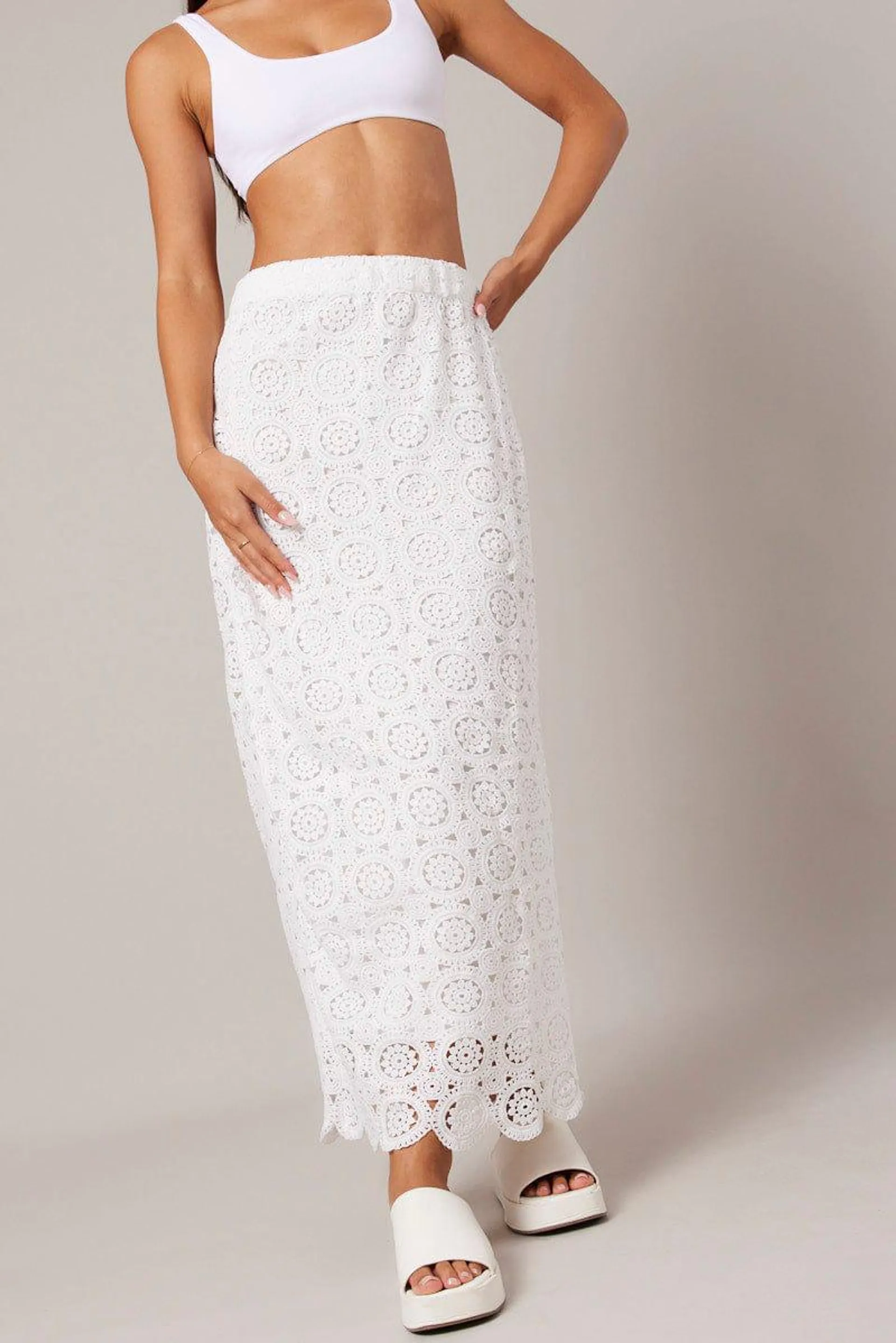 White Midi Skirt High Rise Lace