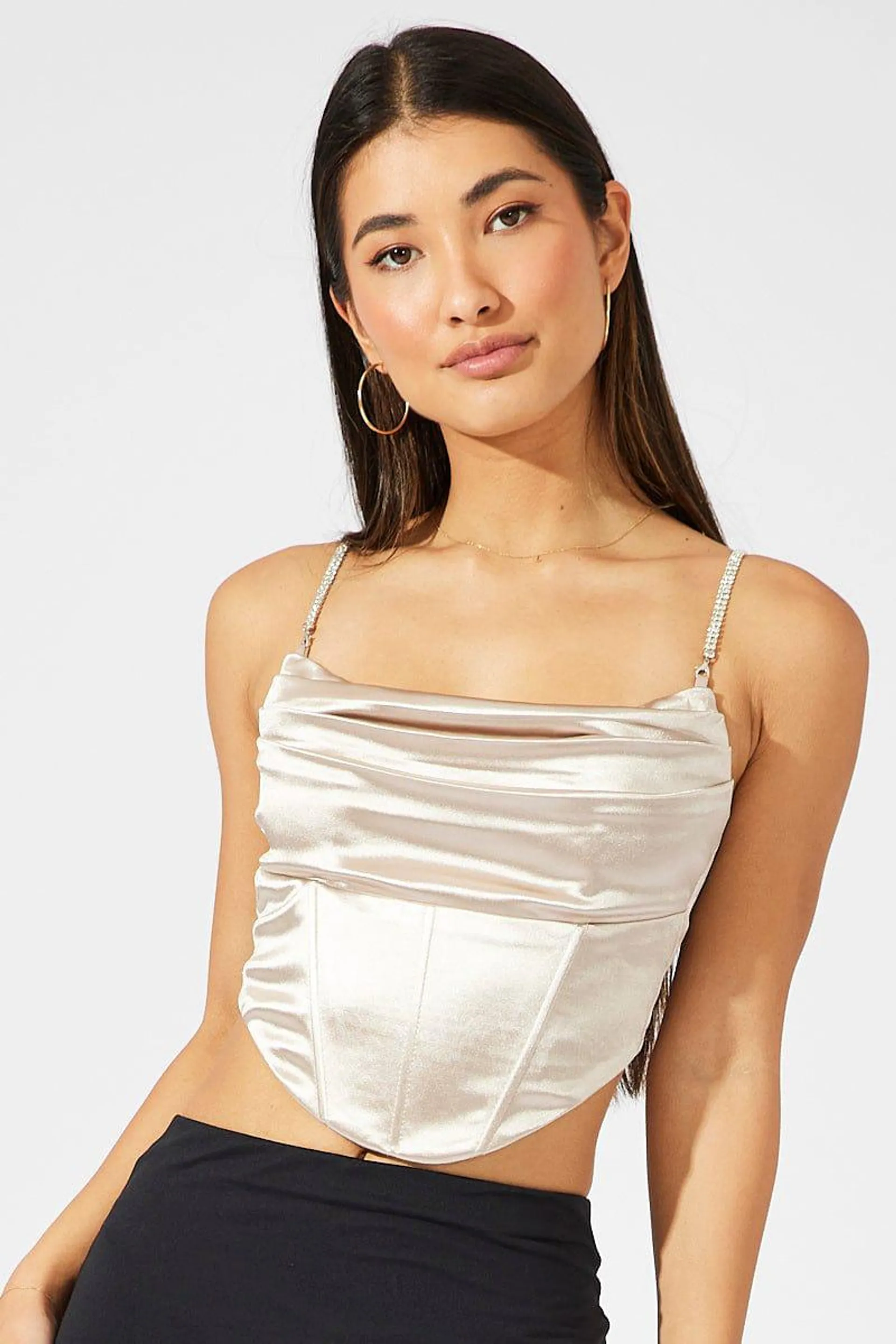 Beige Satin Cami Sleeveless Diamante Strap