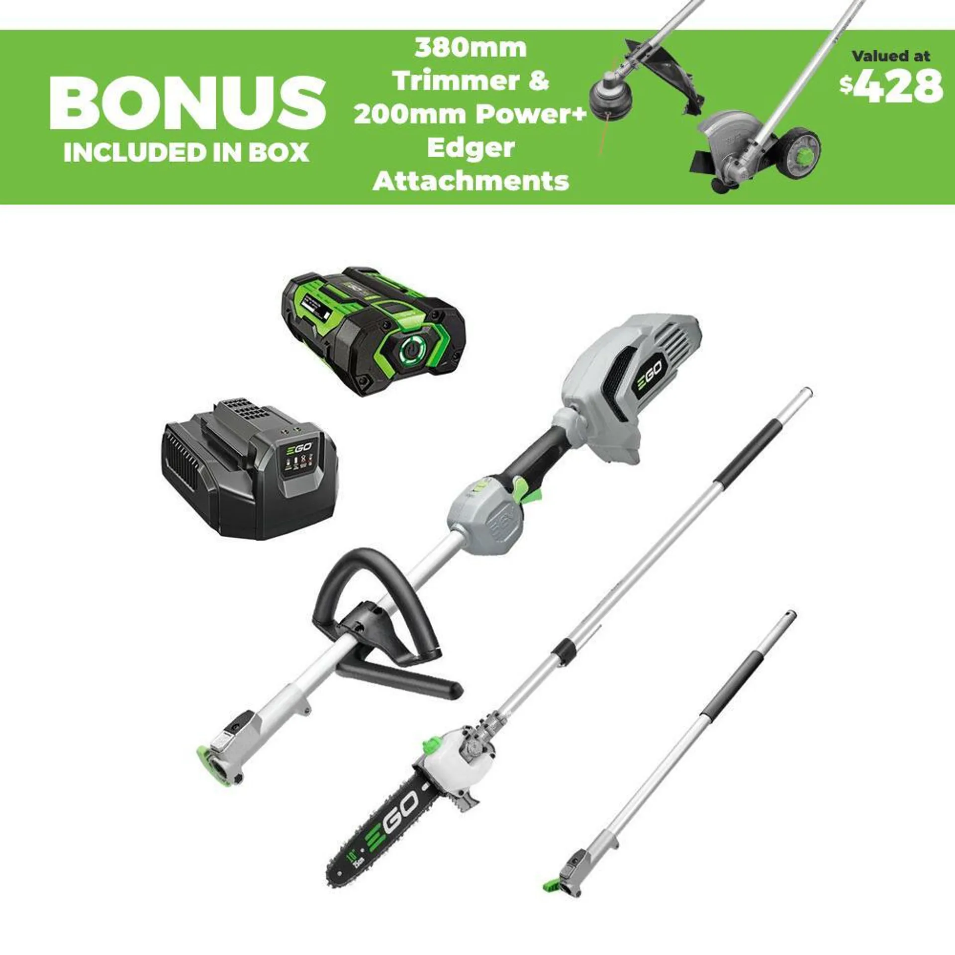 EGO MPSE1001E-P 56V 2.5Ah ARC-Lithium Power+ Cordless Brushless Multi-Tool Power Head Pole Saw Combo Kit with Line Trimmer & Edger Attachments