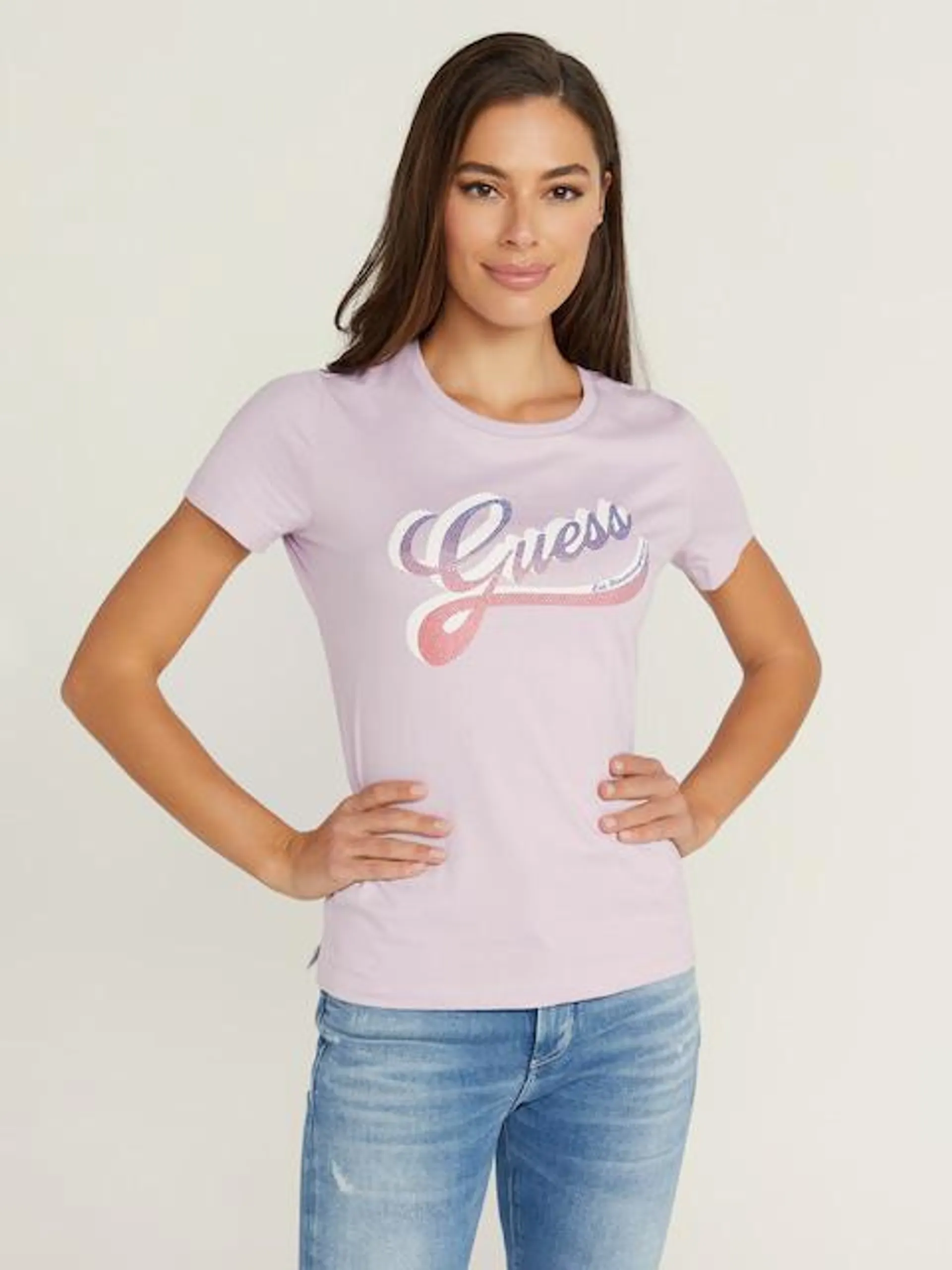 Guess Shaded Logo Tee In Linen Lilac