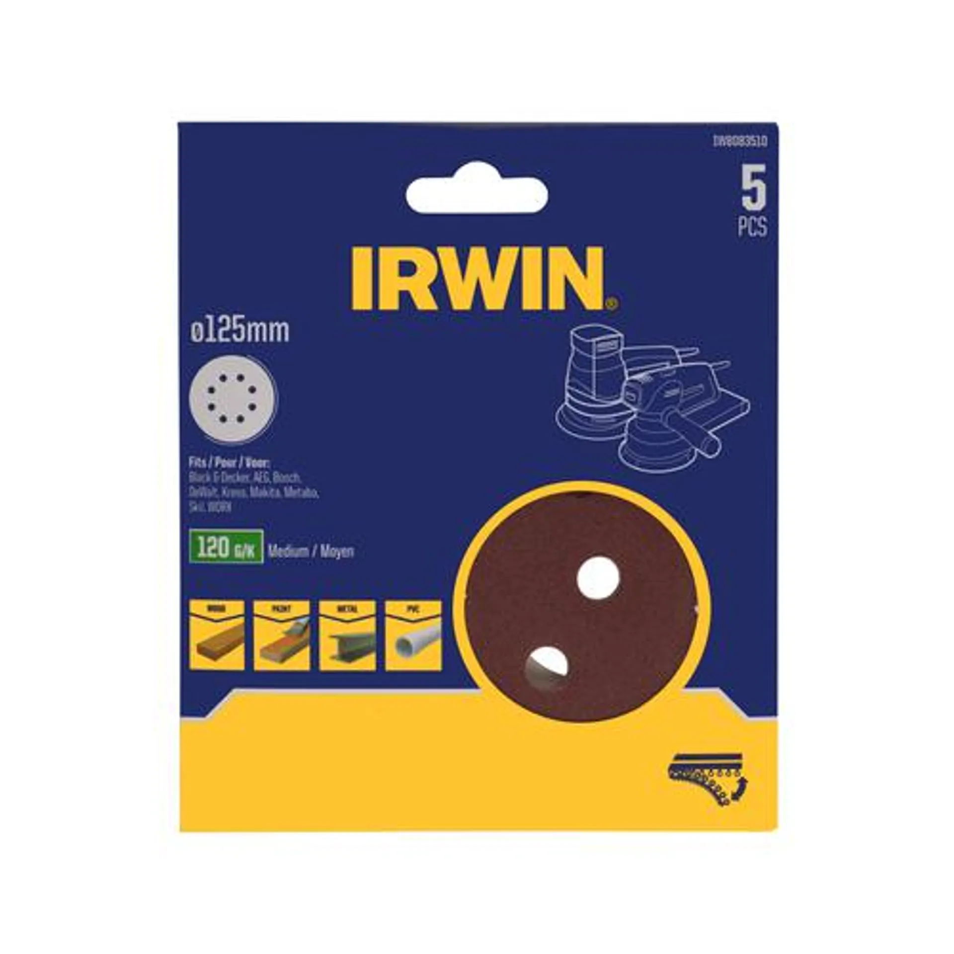 IRWIN 125mm 120 Grit Quick Fit Random Orbital Sanding Discs 8 Holes - 5 Pack