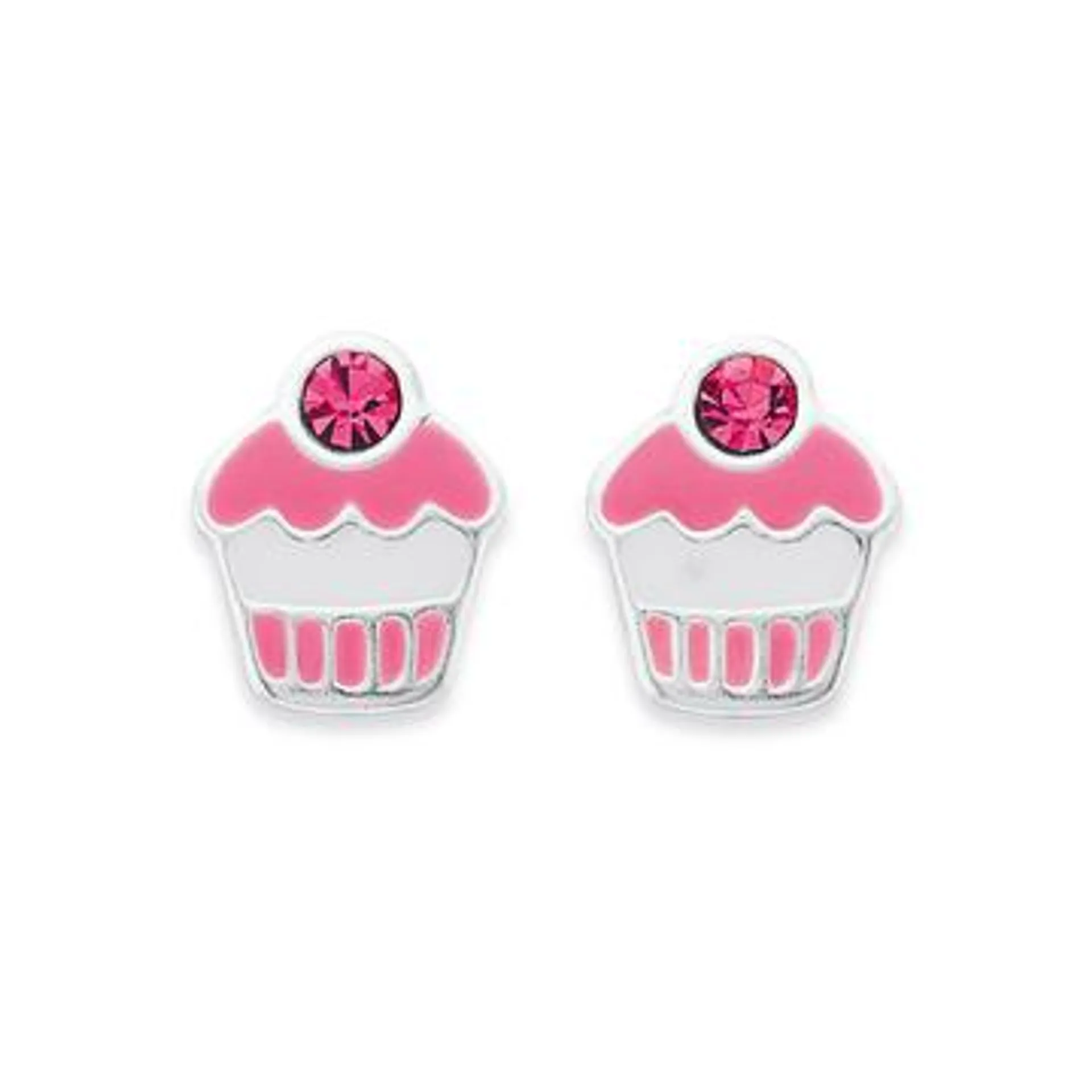 Silver Pink Enamel & Crystal Cupcake Studs