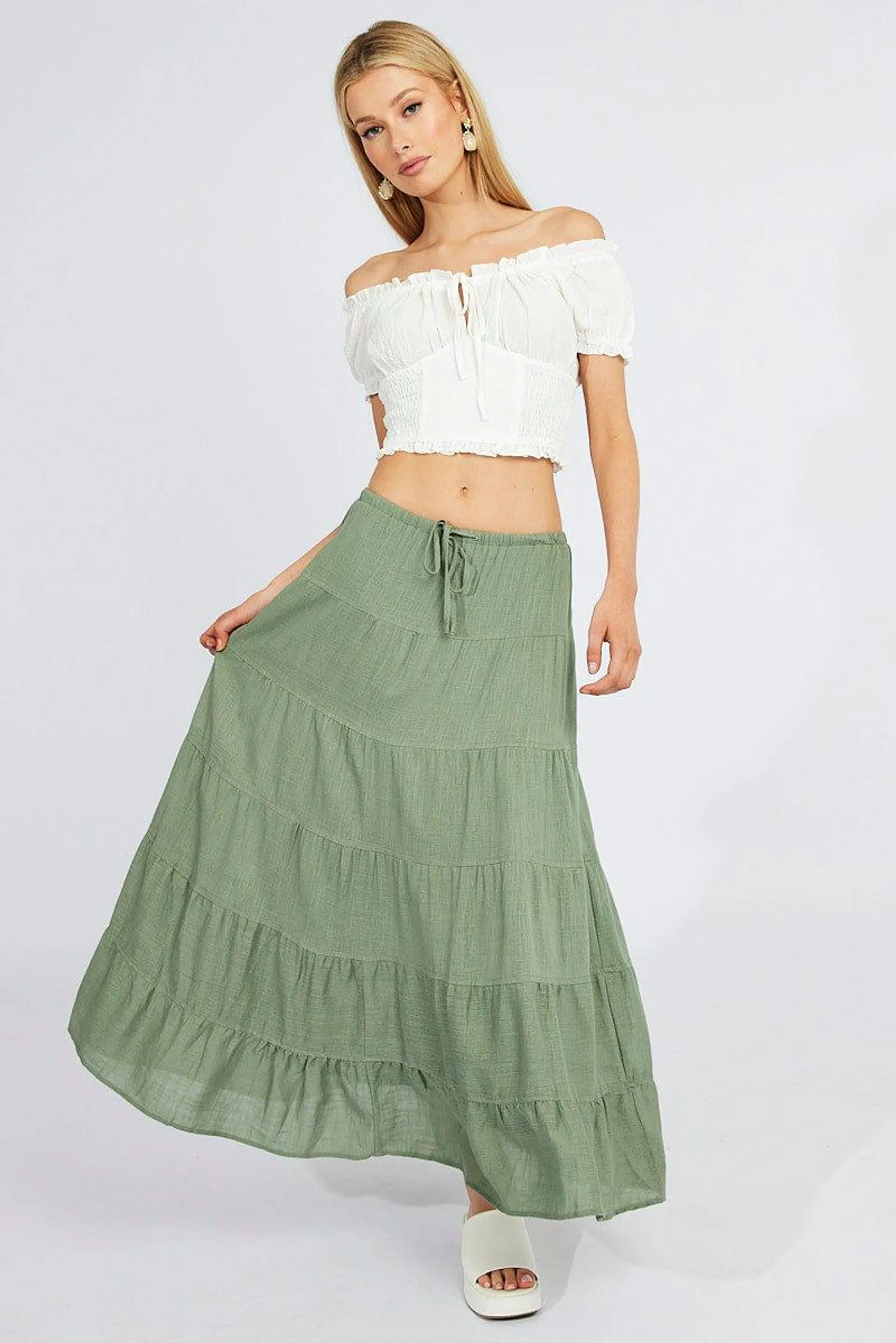 Green Maxi Skirt High Rise Linen Blend