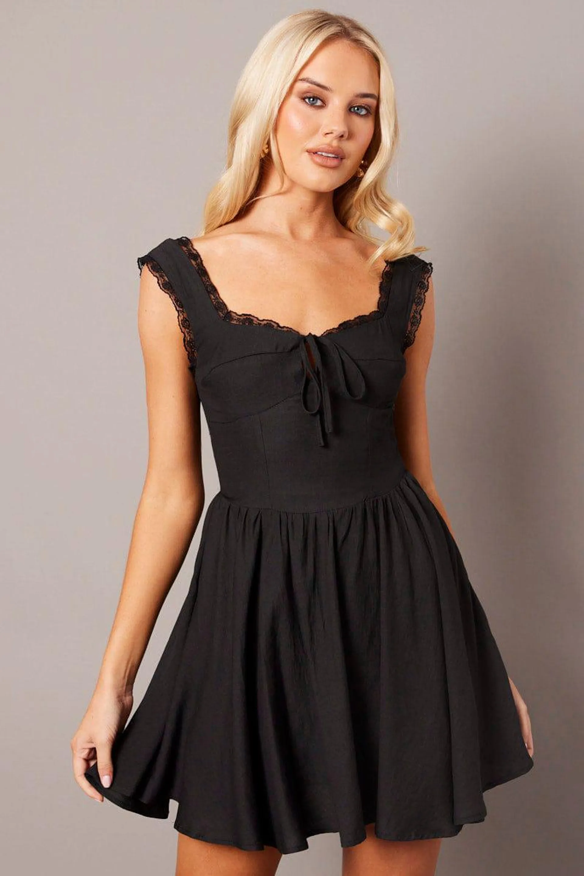 Black Fit and Flare Dress Sleeveless Lace Trim