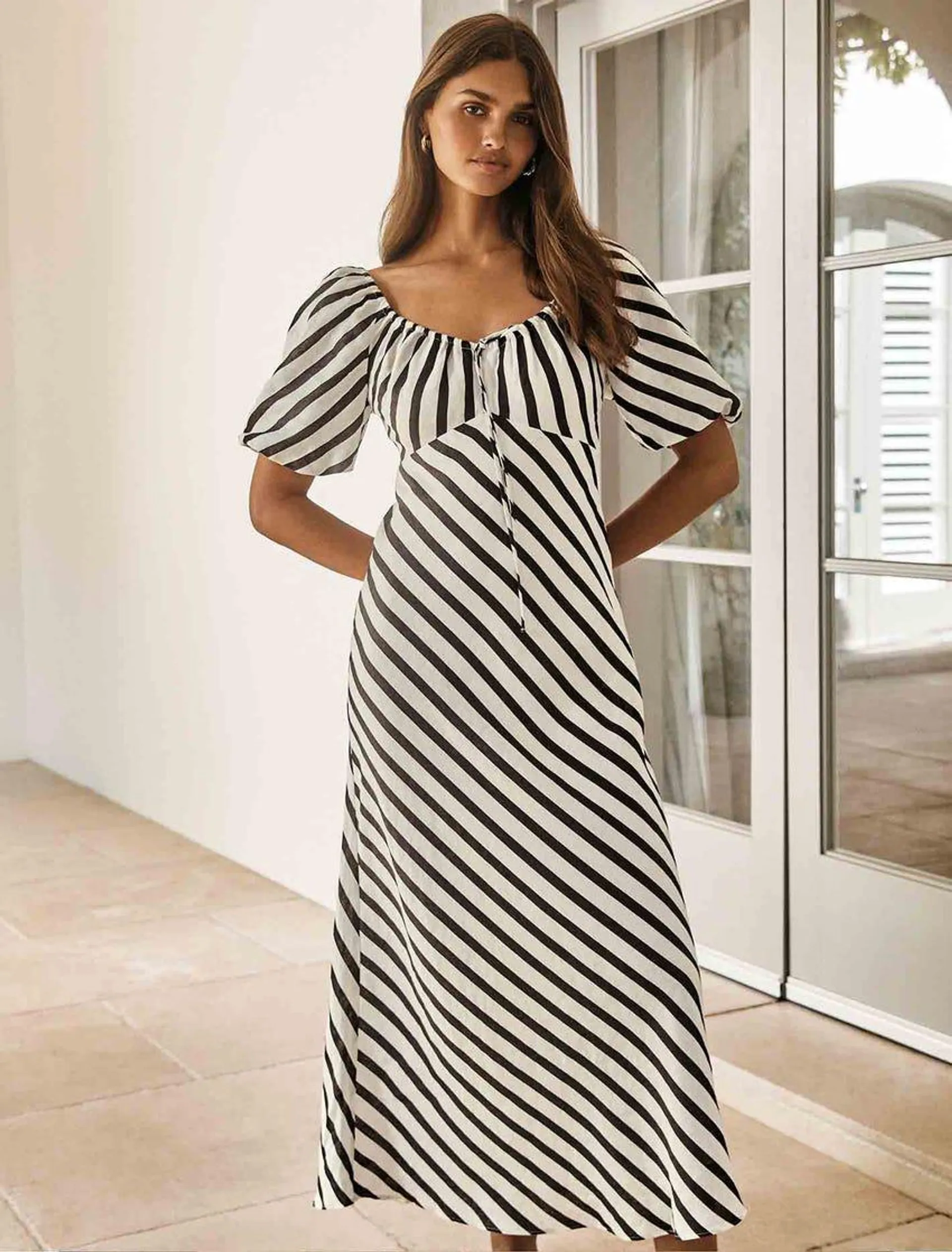 Angela Puff-Sleeve Linen Dress