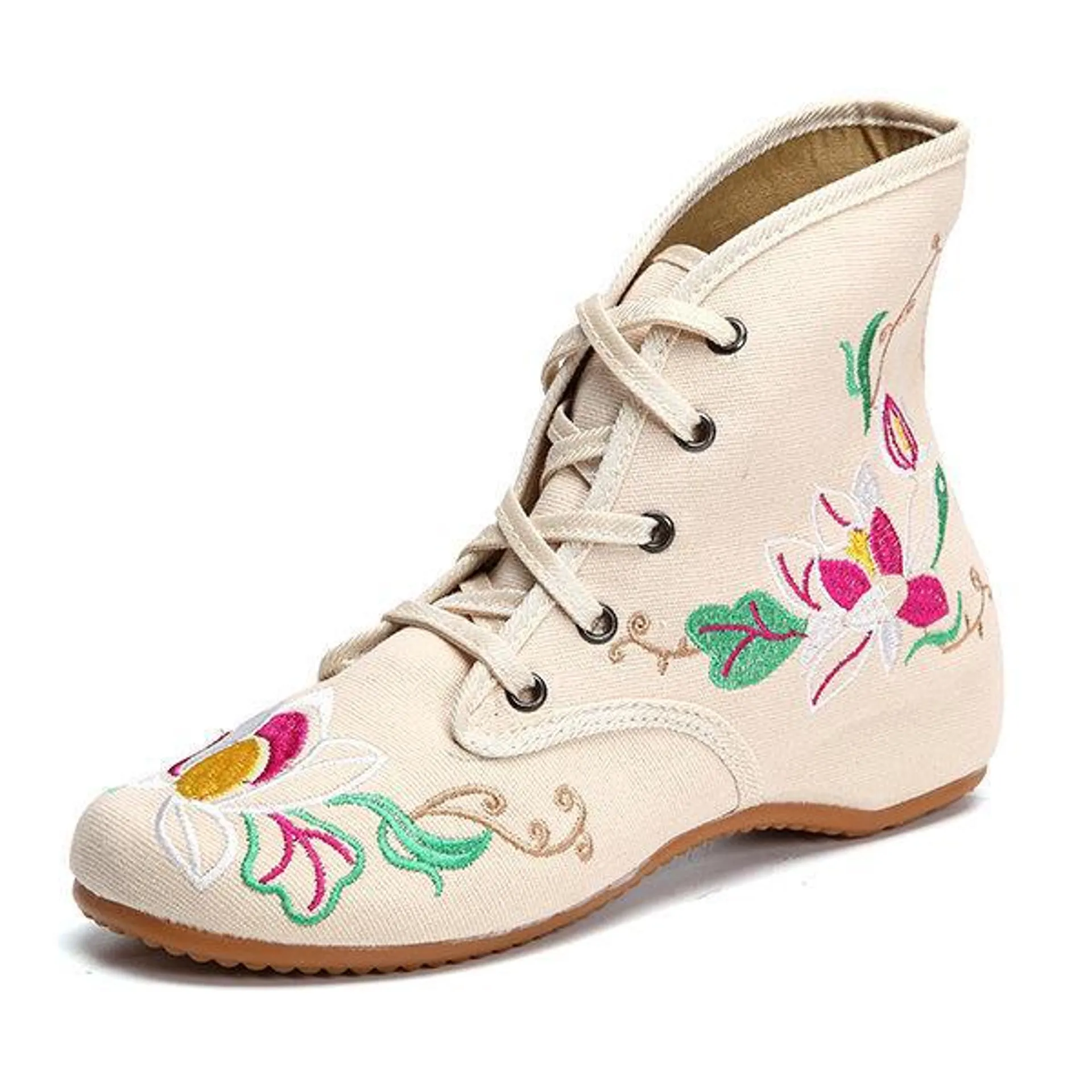 Newchic Floral Print Embroidery Lace Up Retro Wedge Heel Boots