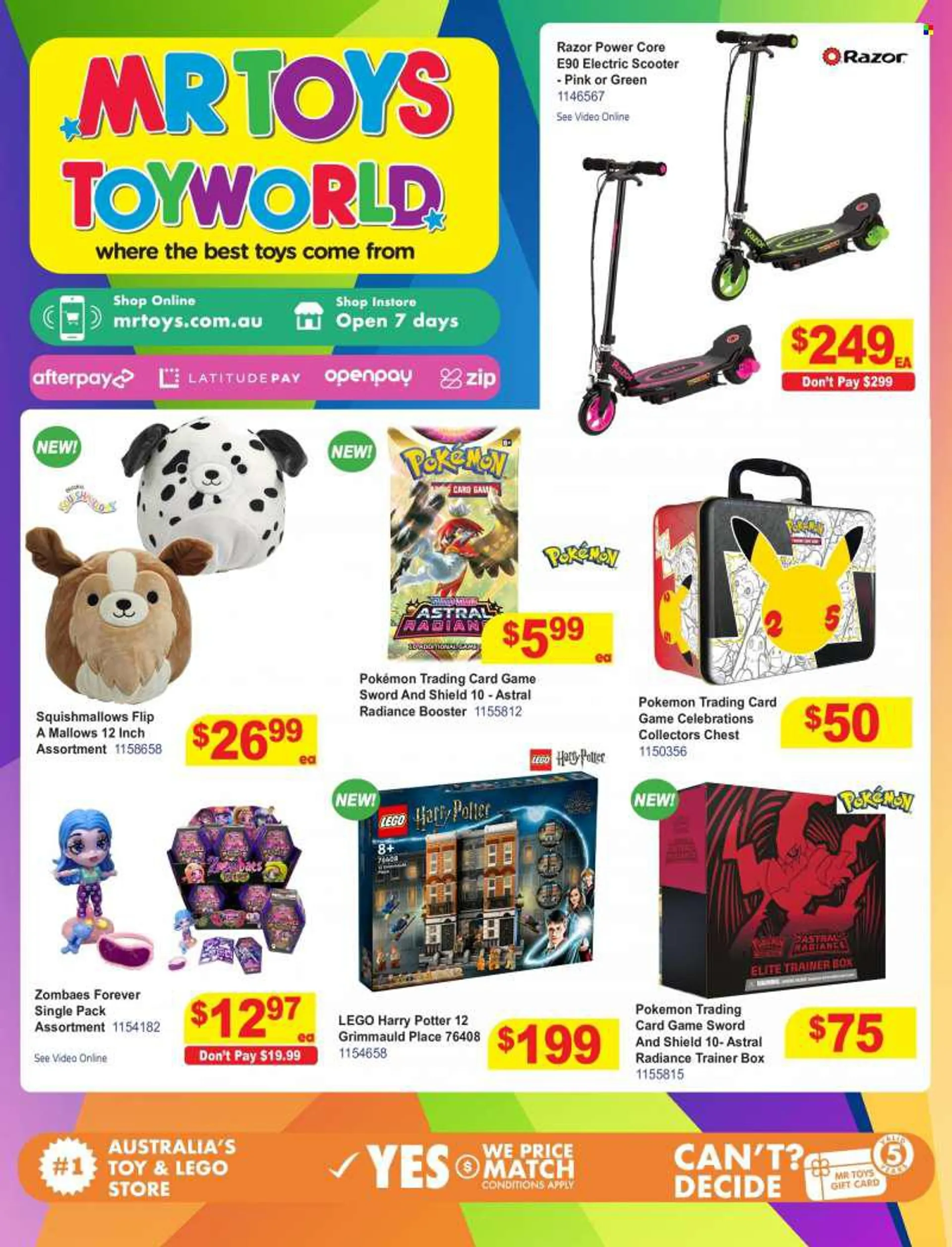 Mr Toys Catalogue - 20 Jul 2022 - 14 Aug 2022 - Sales products - Razor, LEGO, LEGO Harry Potter, toys, Squishmallows, Harry Potter, Pokémon. Page 1.