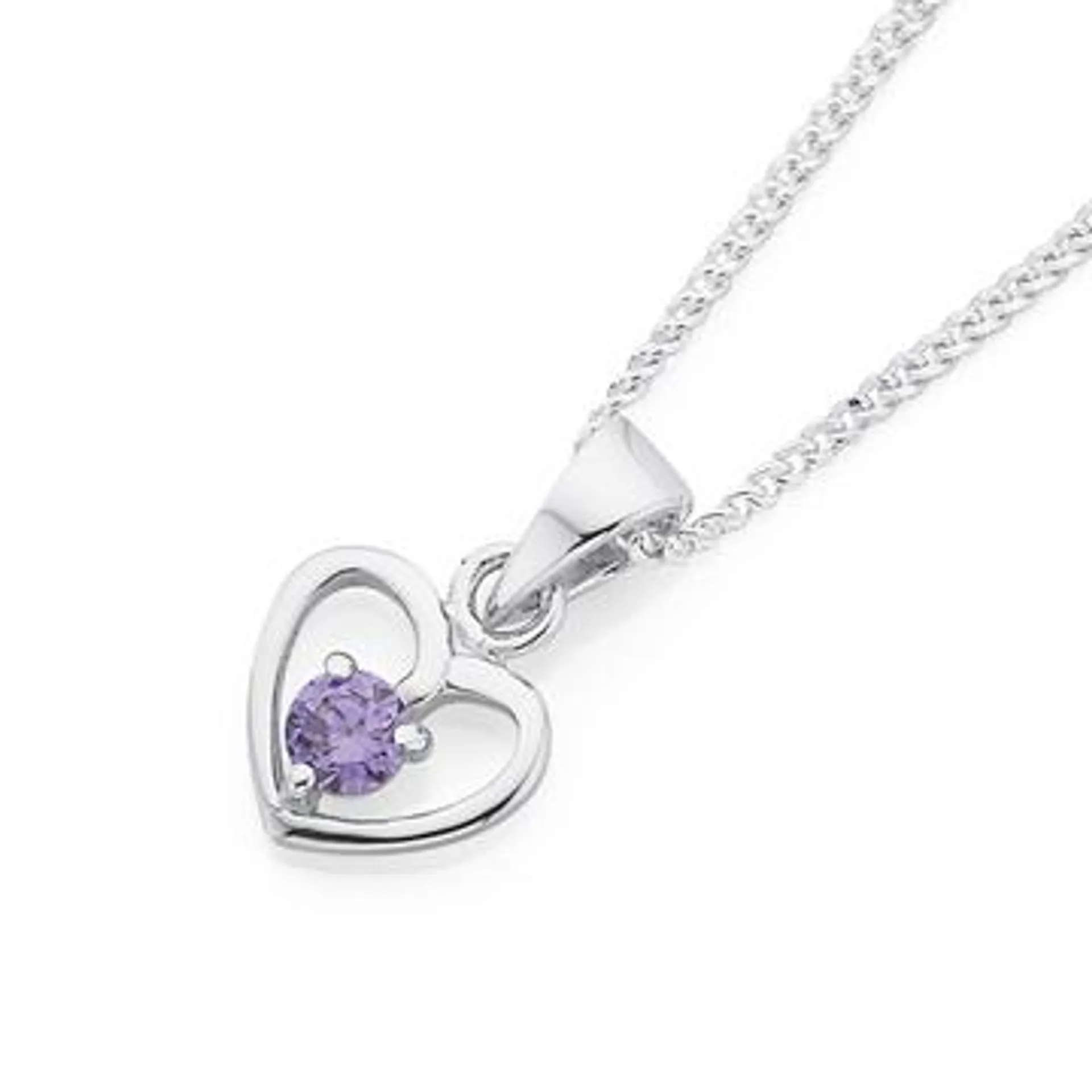 Silver Childs Violet CZ Heart Pendant