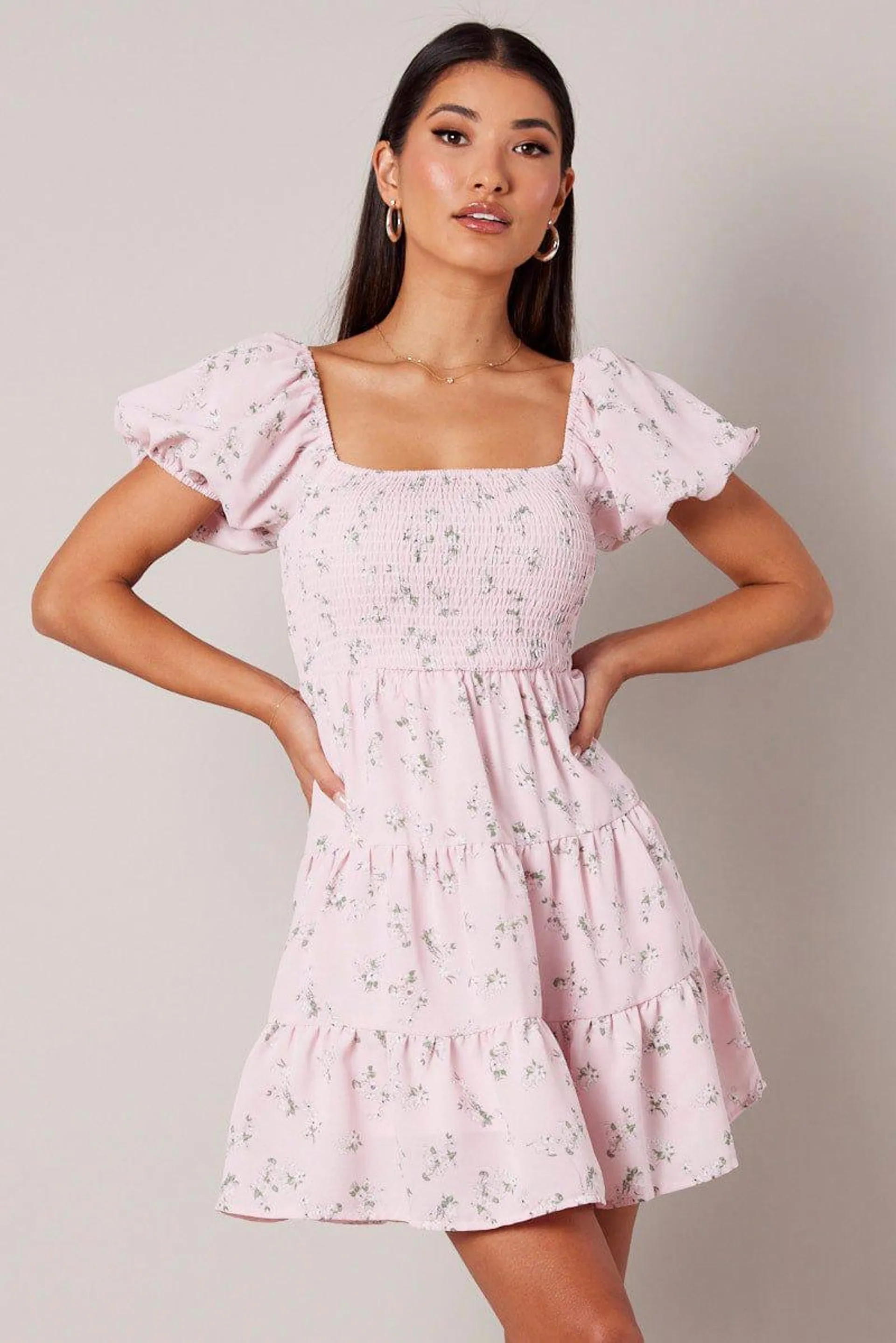 Pink Floral Fit And Flare Dress Puff Sleeve