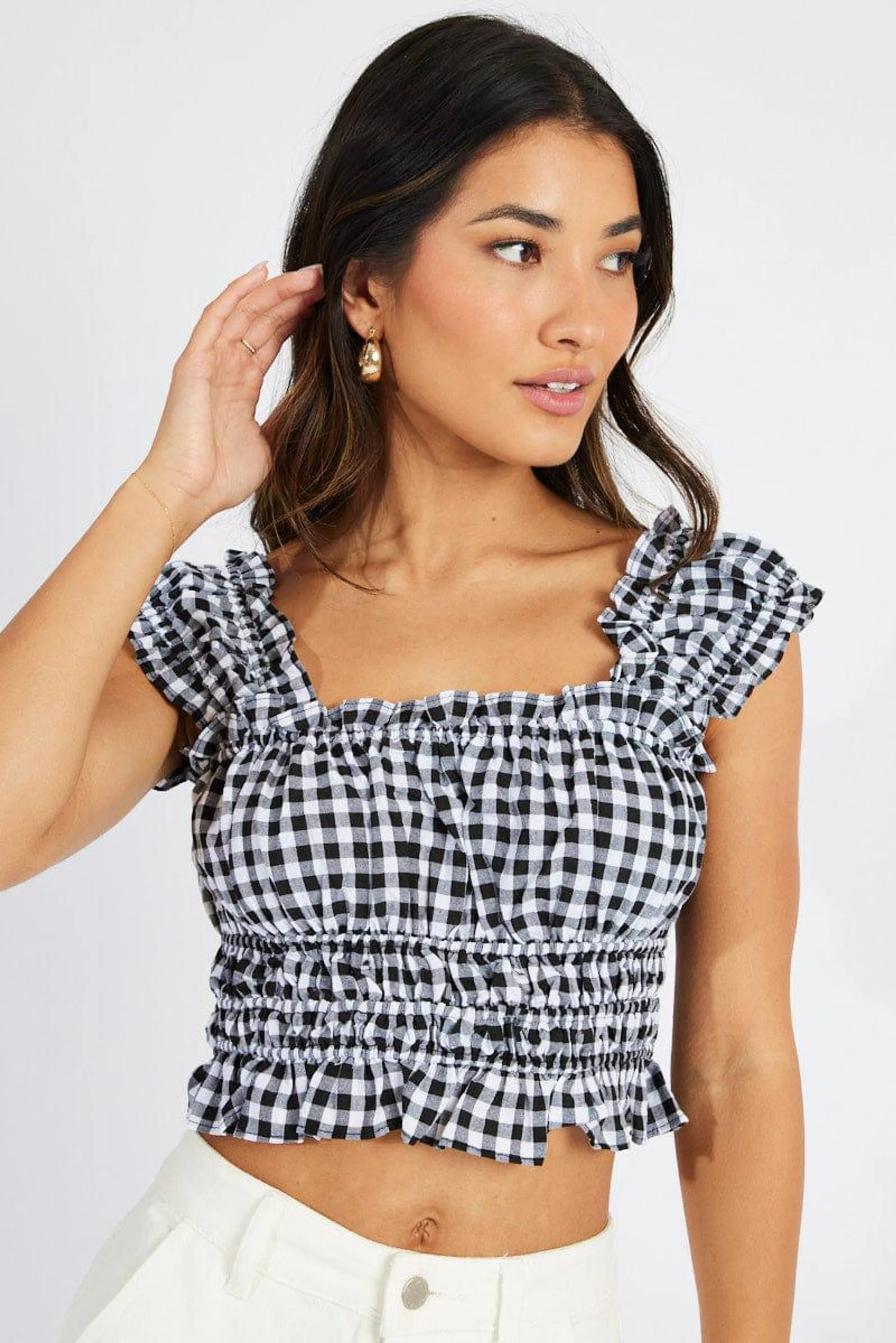 Black Check Ruched Top Sleeveless