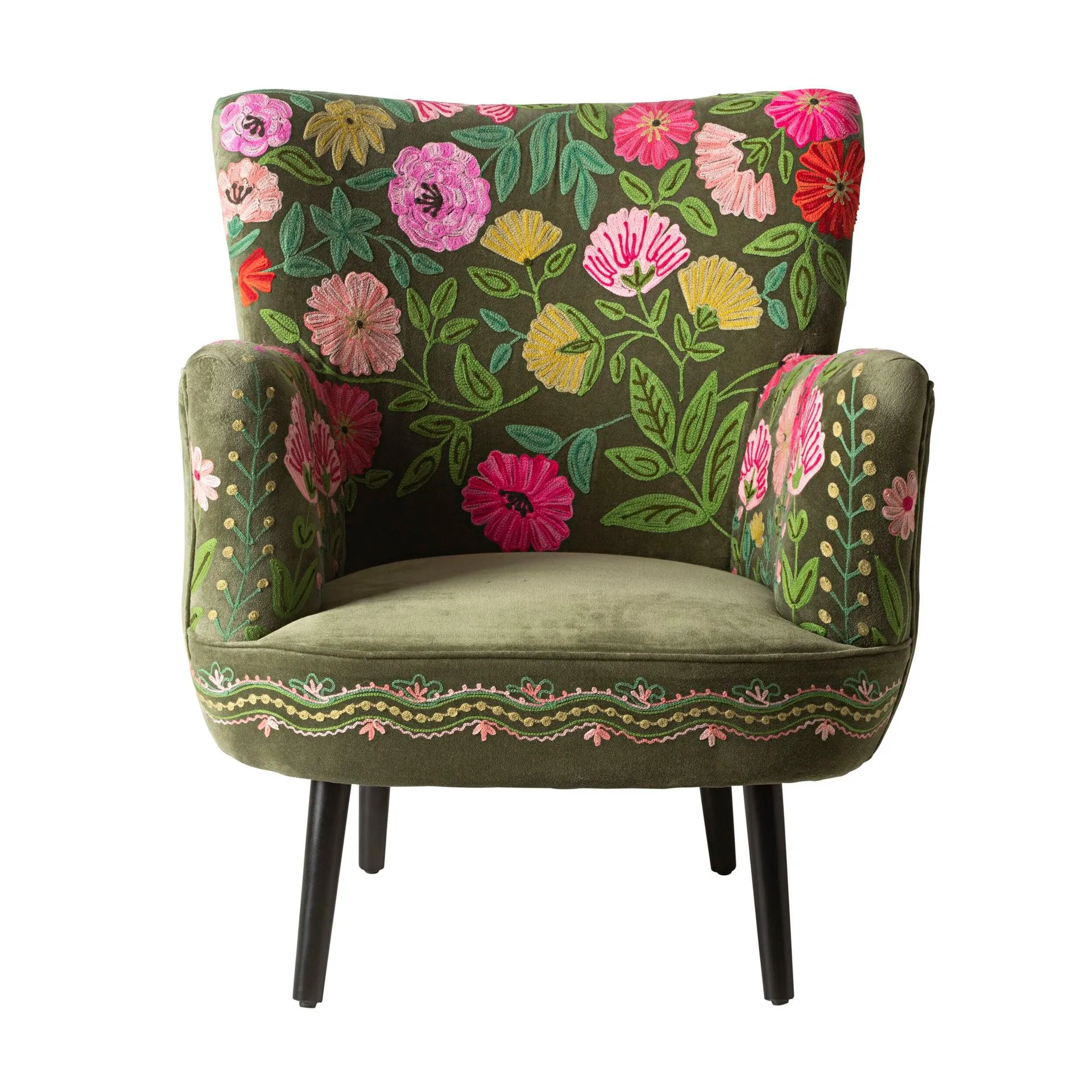 Floral Burst Embroidered Armchair Olive Green