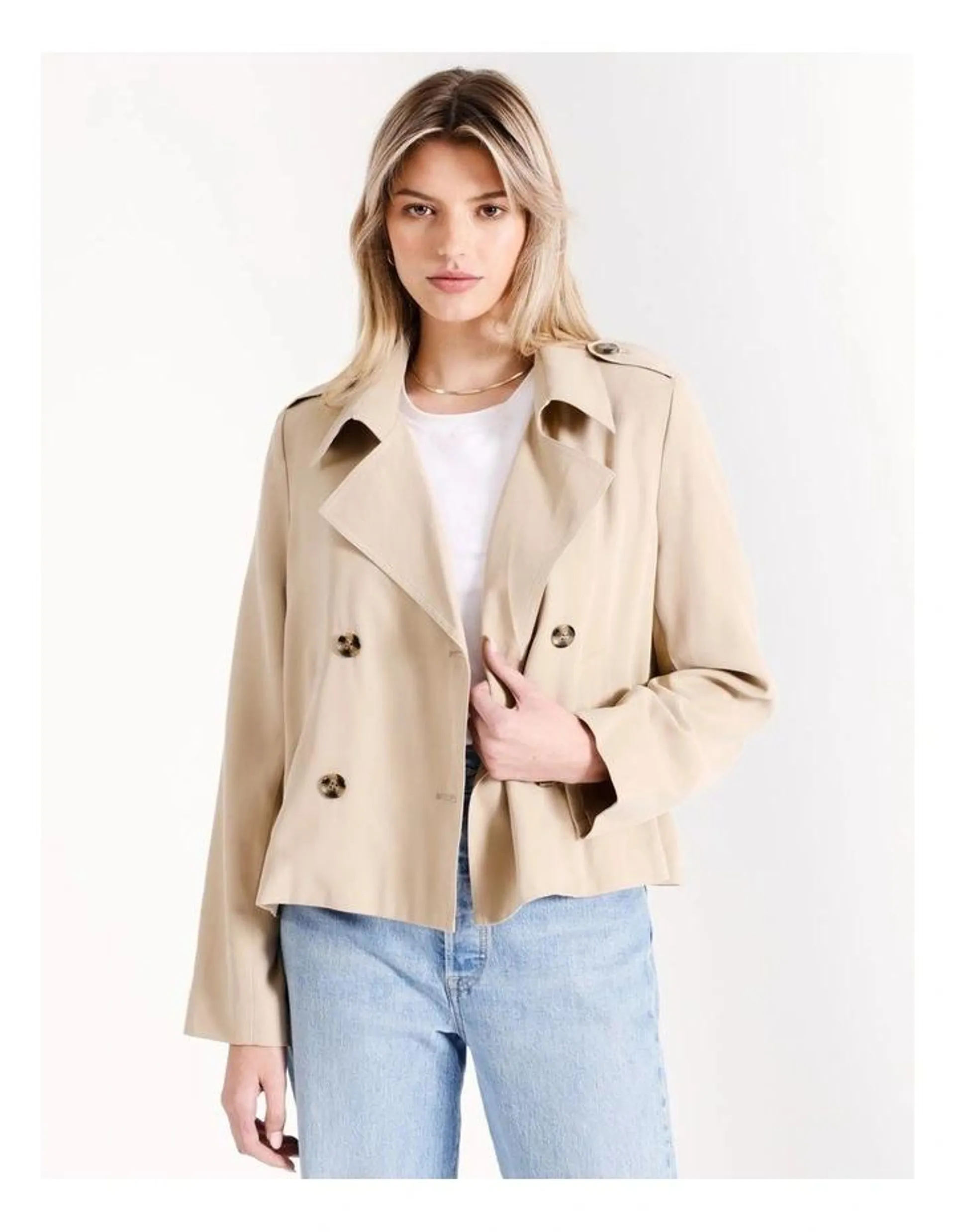 Cropped Soft Trench Coat in Beige