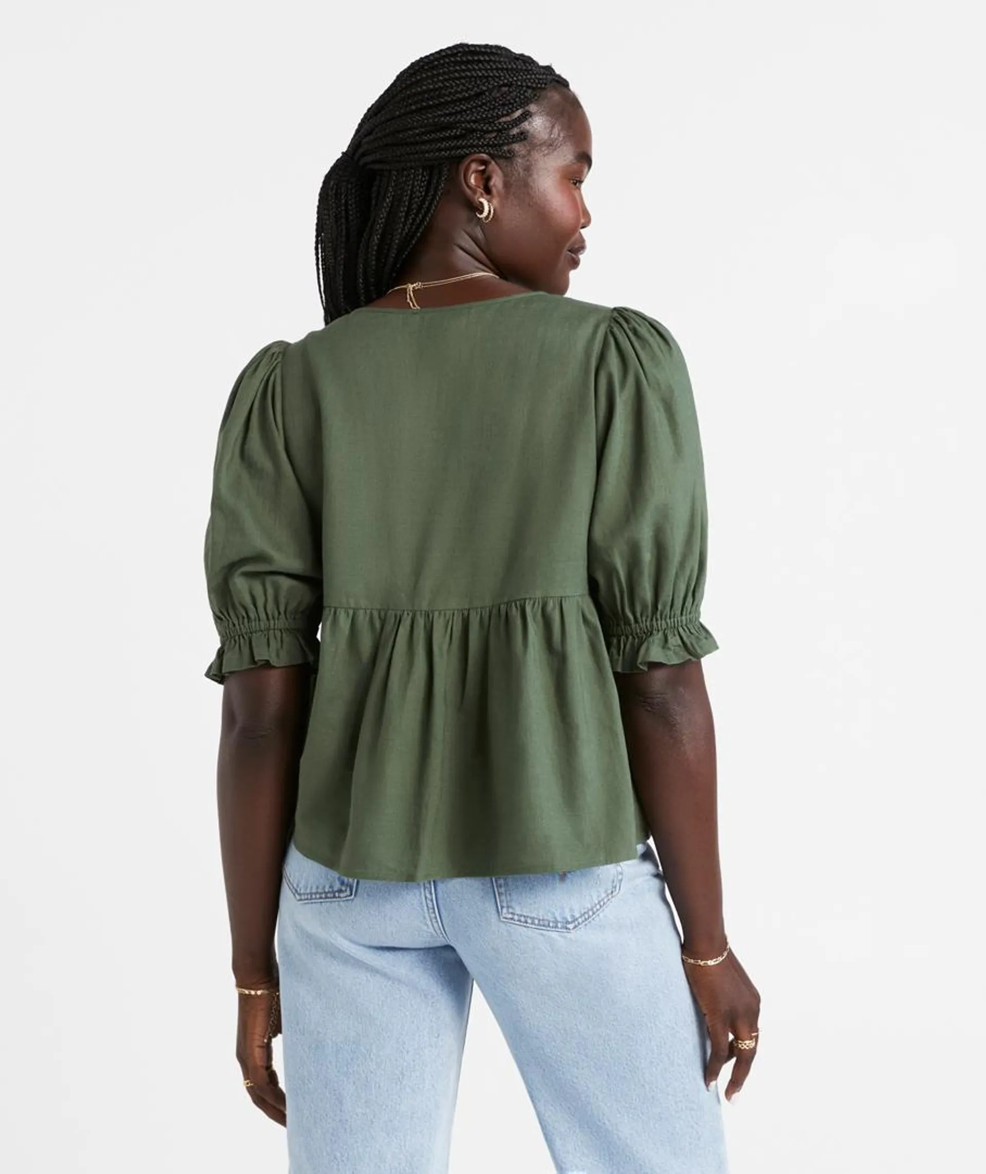 BELLE LINEN BLEND PUFF SLEEVE BLOUSE